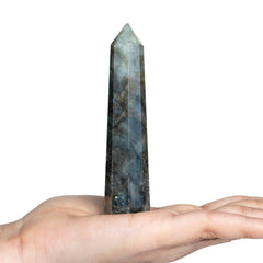 Crocon Labradorite tower wand closeup shows octagon facets for meditation