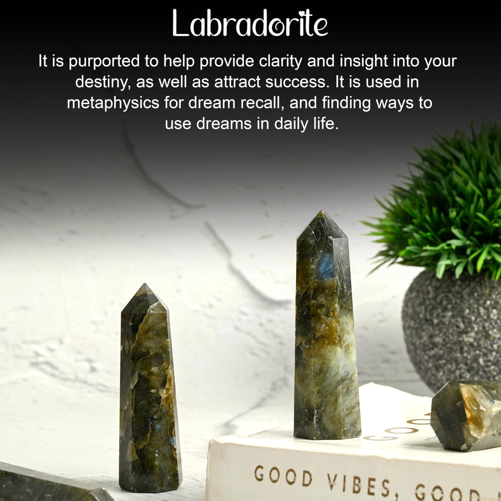 Crocon Labradorite tower wand with pouch for portable calm and study