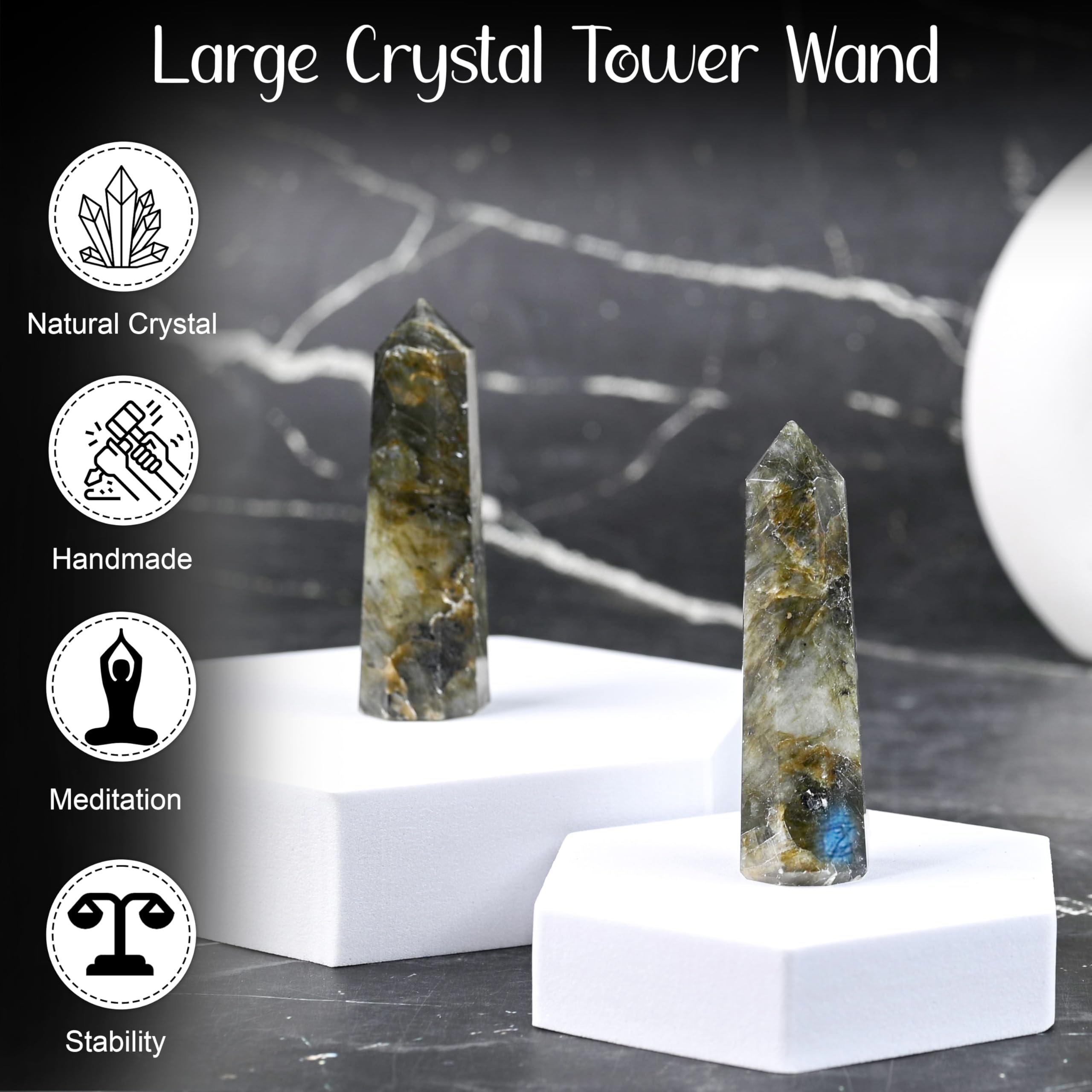 Crocon Labradorite tower wand with guide supports mindful crystal practice