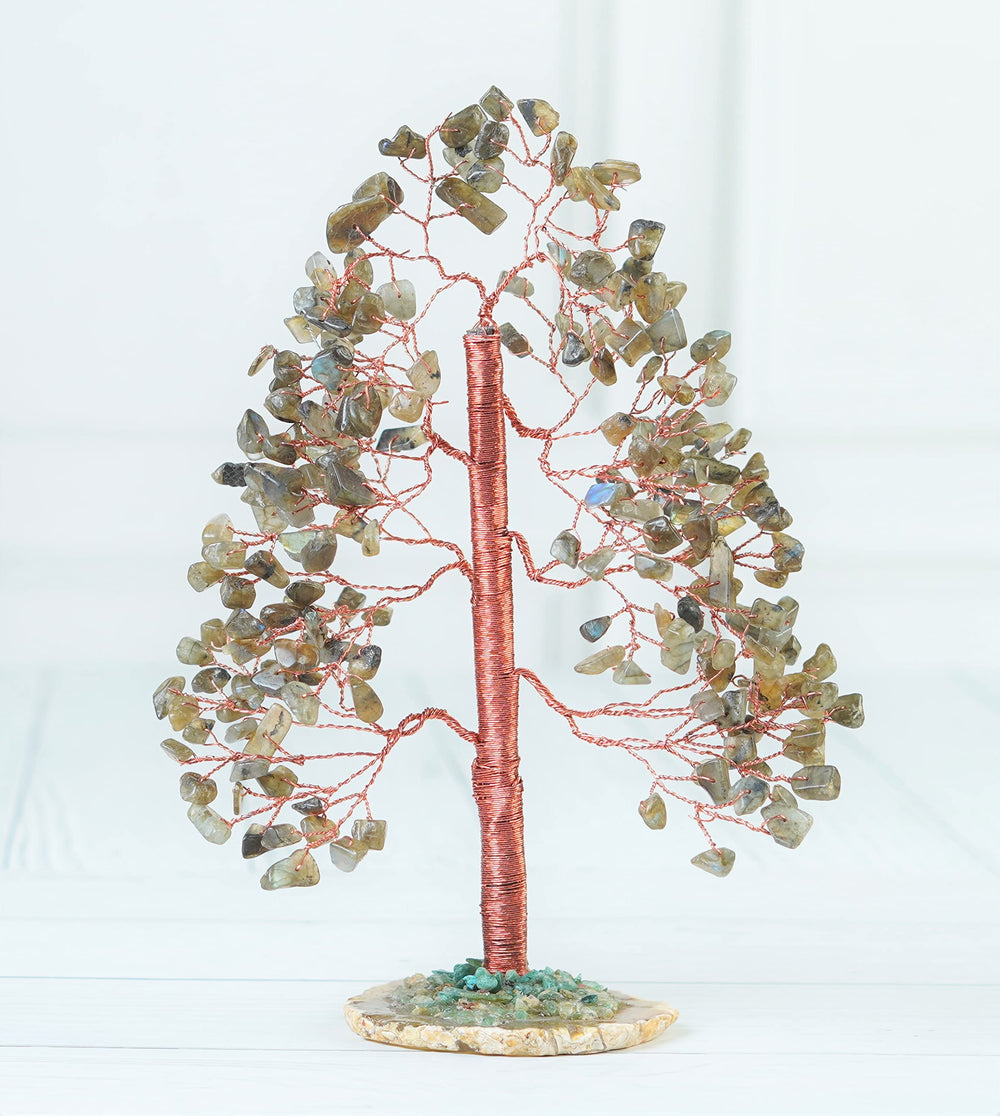 Crocon Labradorite tree copper wire detail highlights craftsmanship and energy flow.