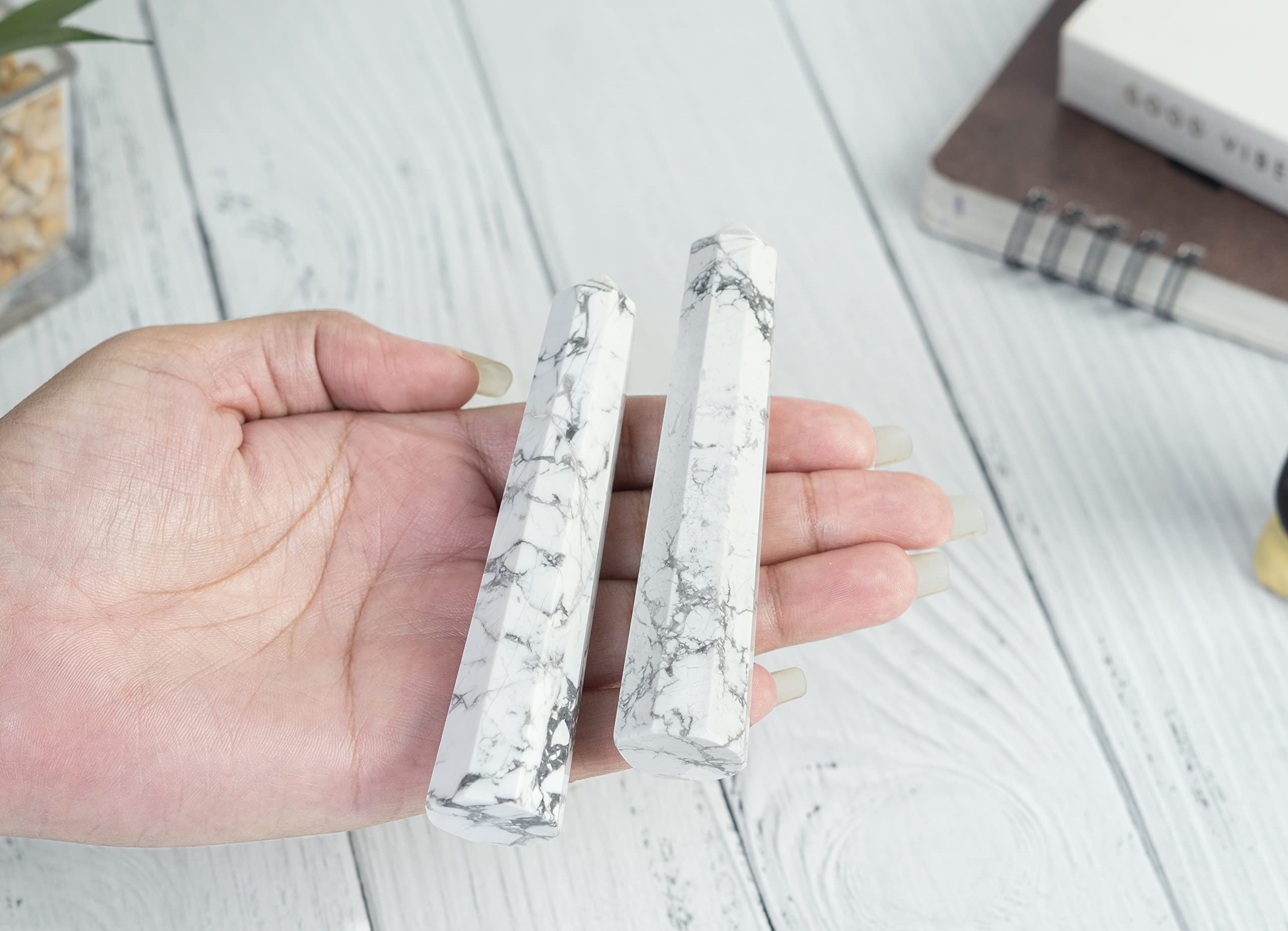 Crocon mirror-polished Howlite wand ready for chakra meditation routines.