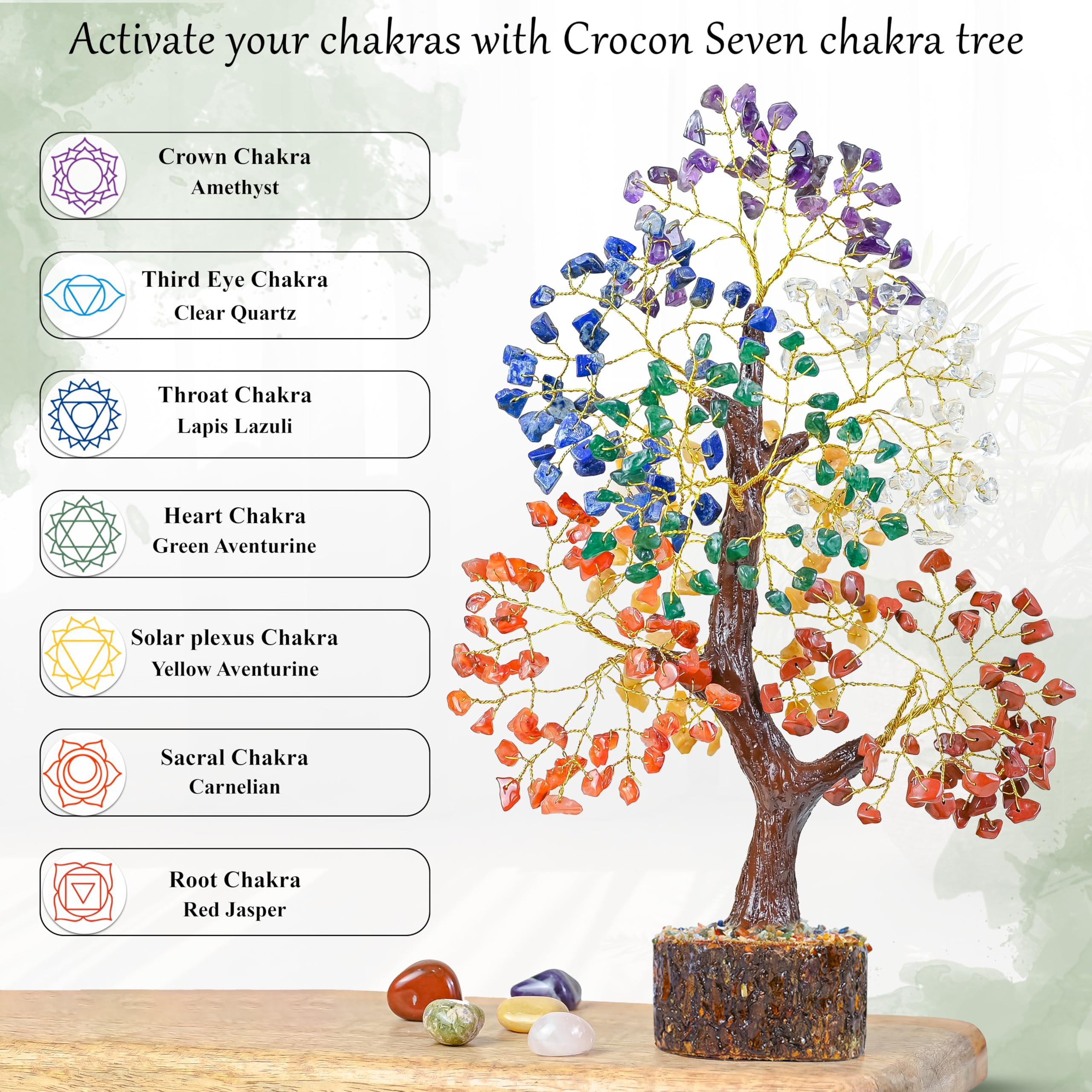 Crocon seven chakra tree front view reveals vibrant gemstones