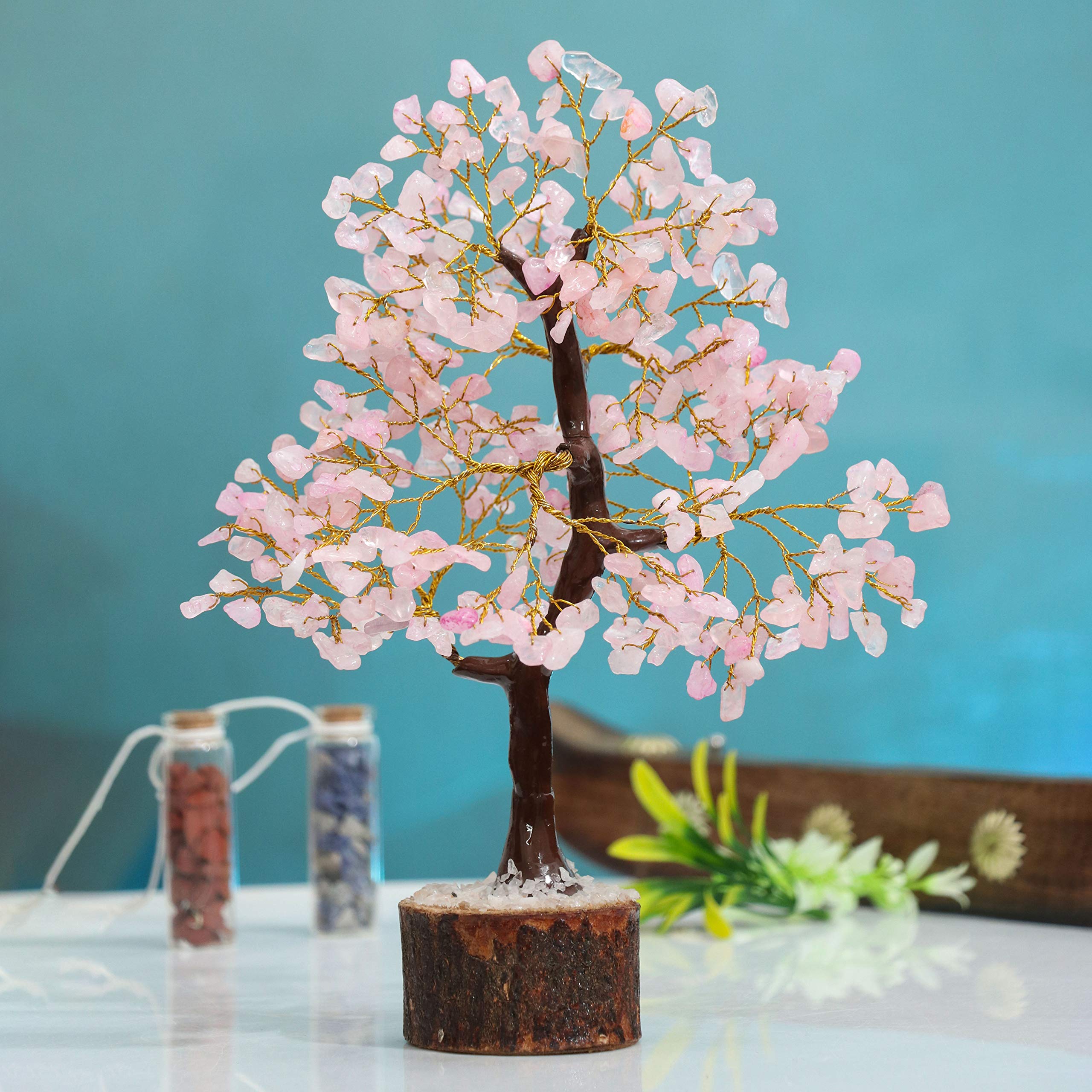Crocon bedroom decor with rose quartz tree inviting relaxing ambiance.