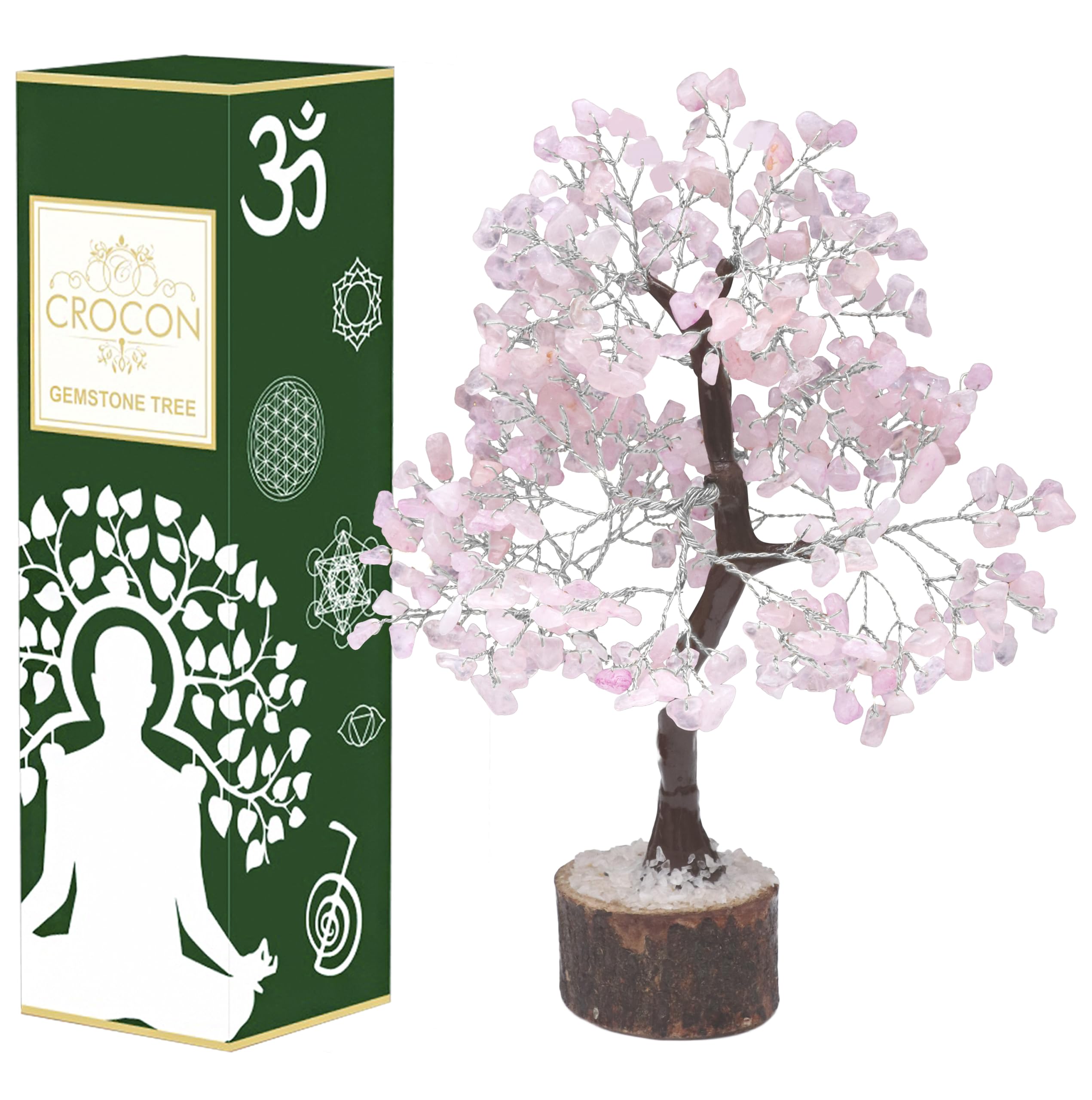 Crocon Rose Quartz Tree lit at night for cozy vibes.