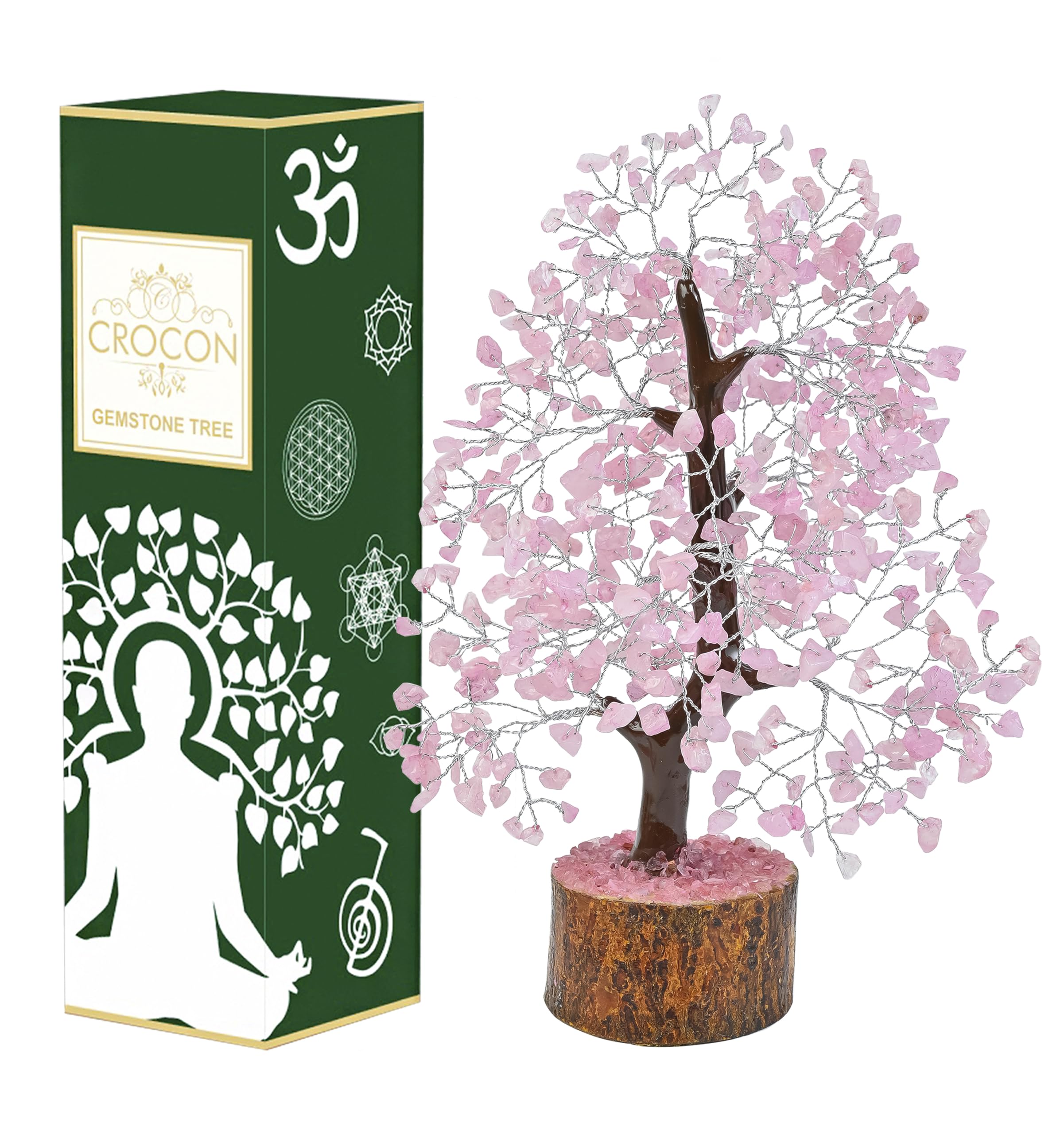 Crocon Rose Quartz Tree full shot with pink glow enhances calm home decor.