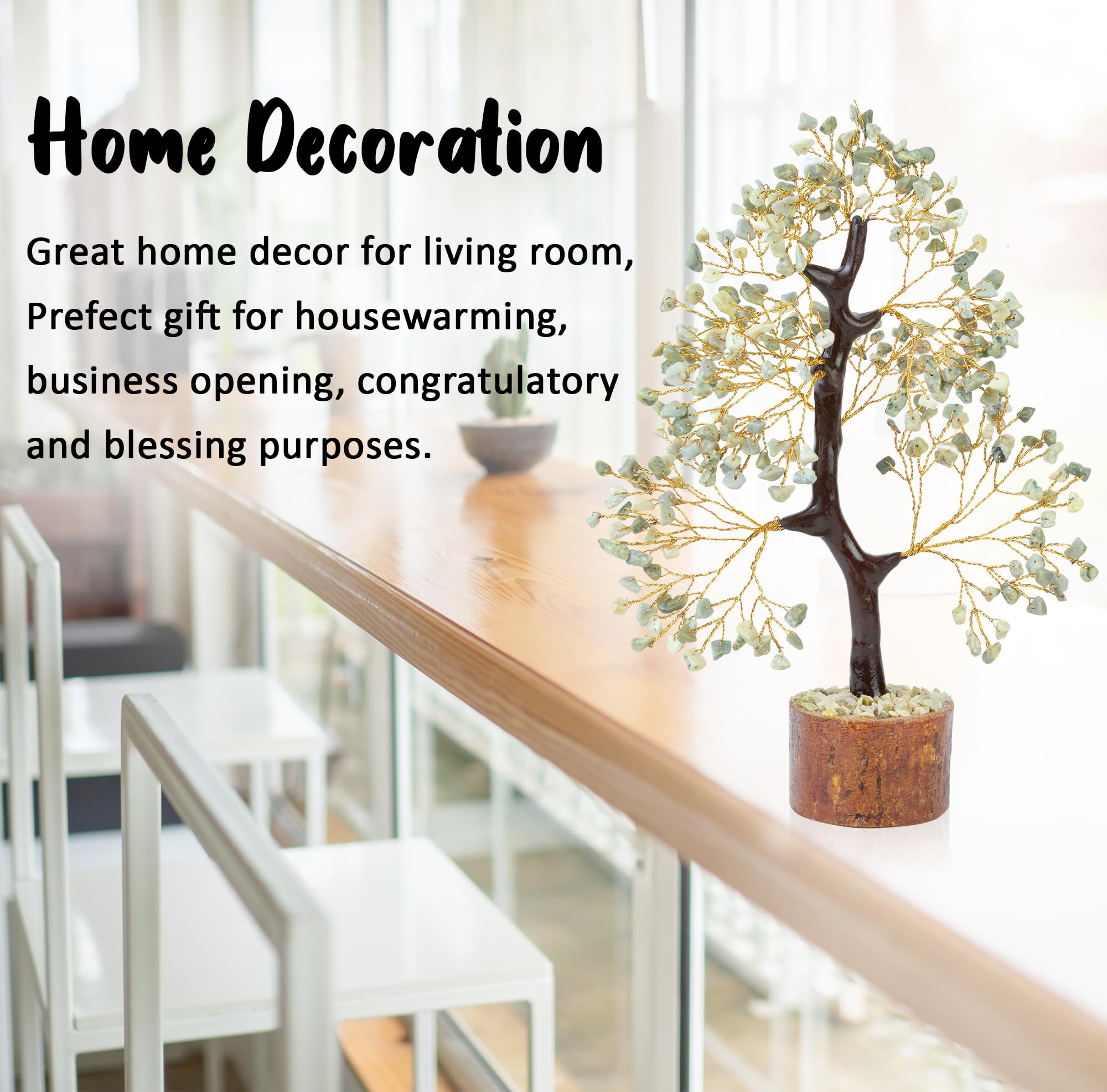 Crocon Serpentine Gemstone Tree with golden wire enhances room prosperity vibes