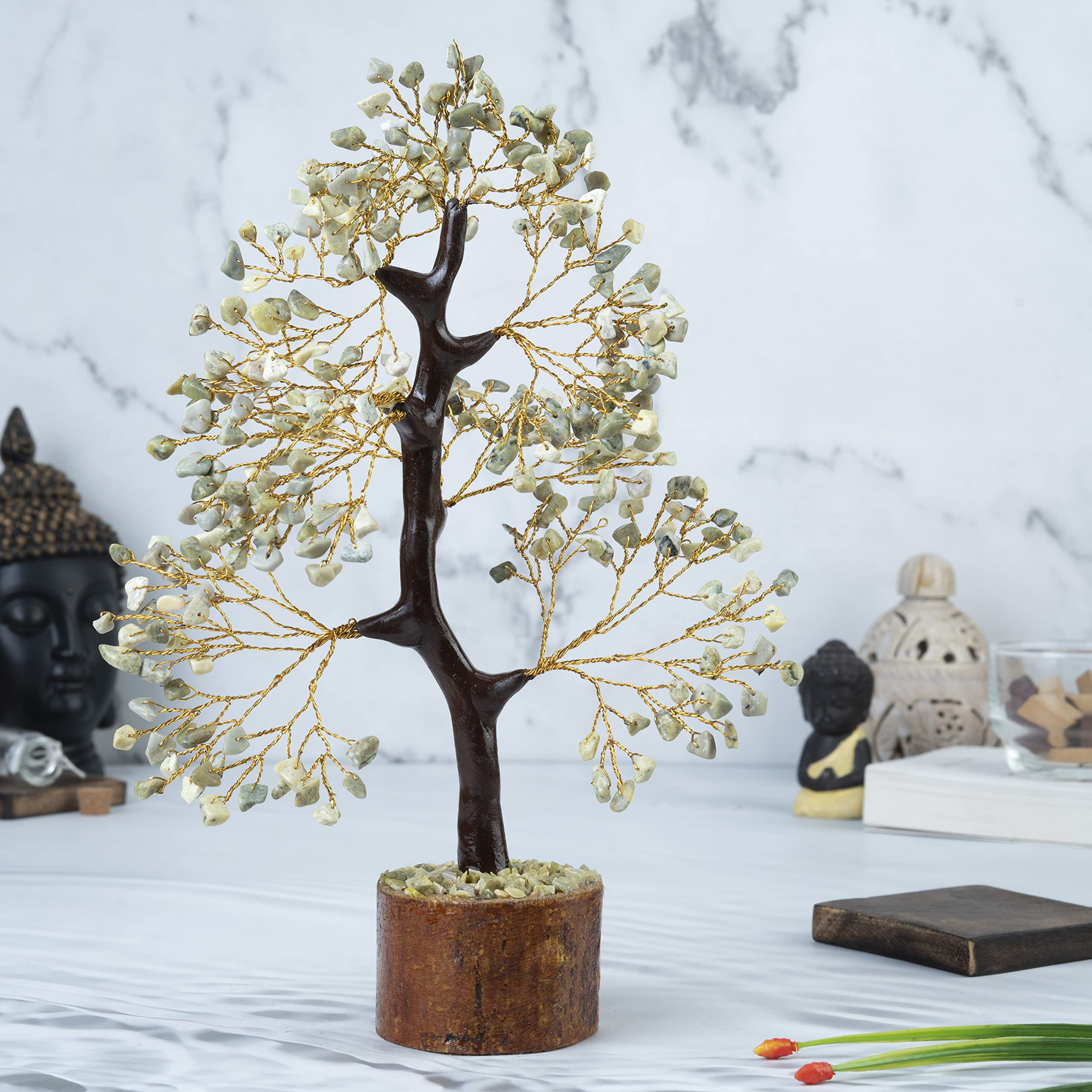 Crocon Serpentine Gemstone Tree size 10-12in showcased on shelf for elegance