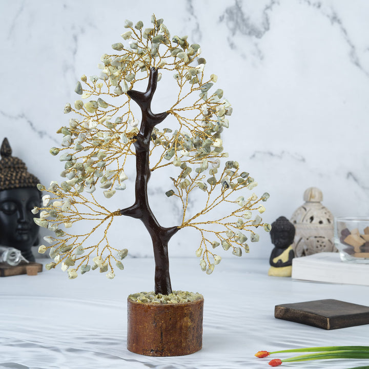 Crocon Serpentine Gemstone Tree size 10-12in showcased on shelf for elegance