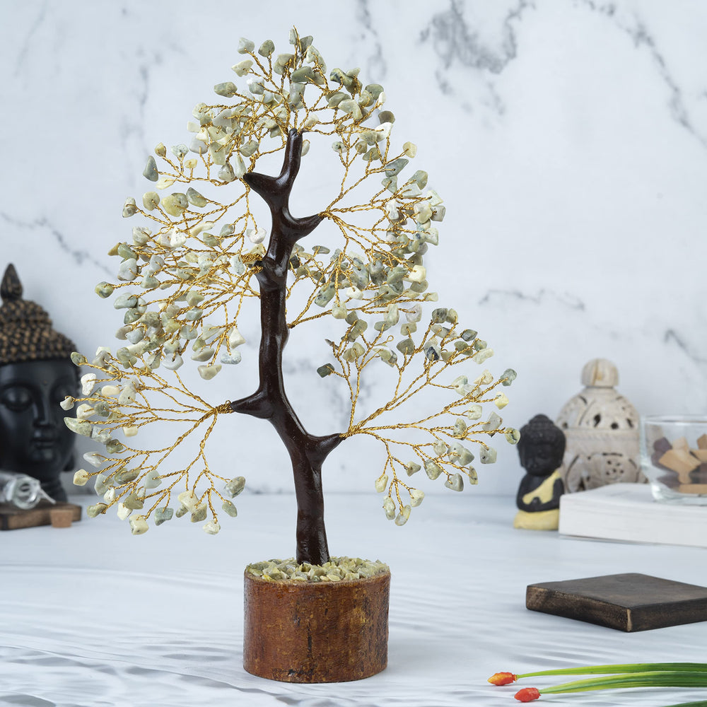 Crocon Serpentine Gemstone Tree size 10-12in showcased on shelf for elegance