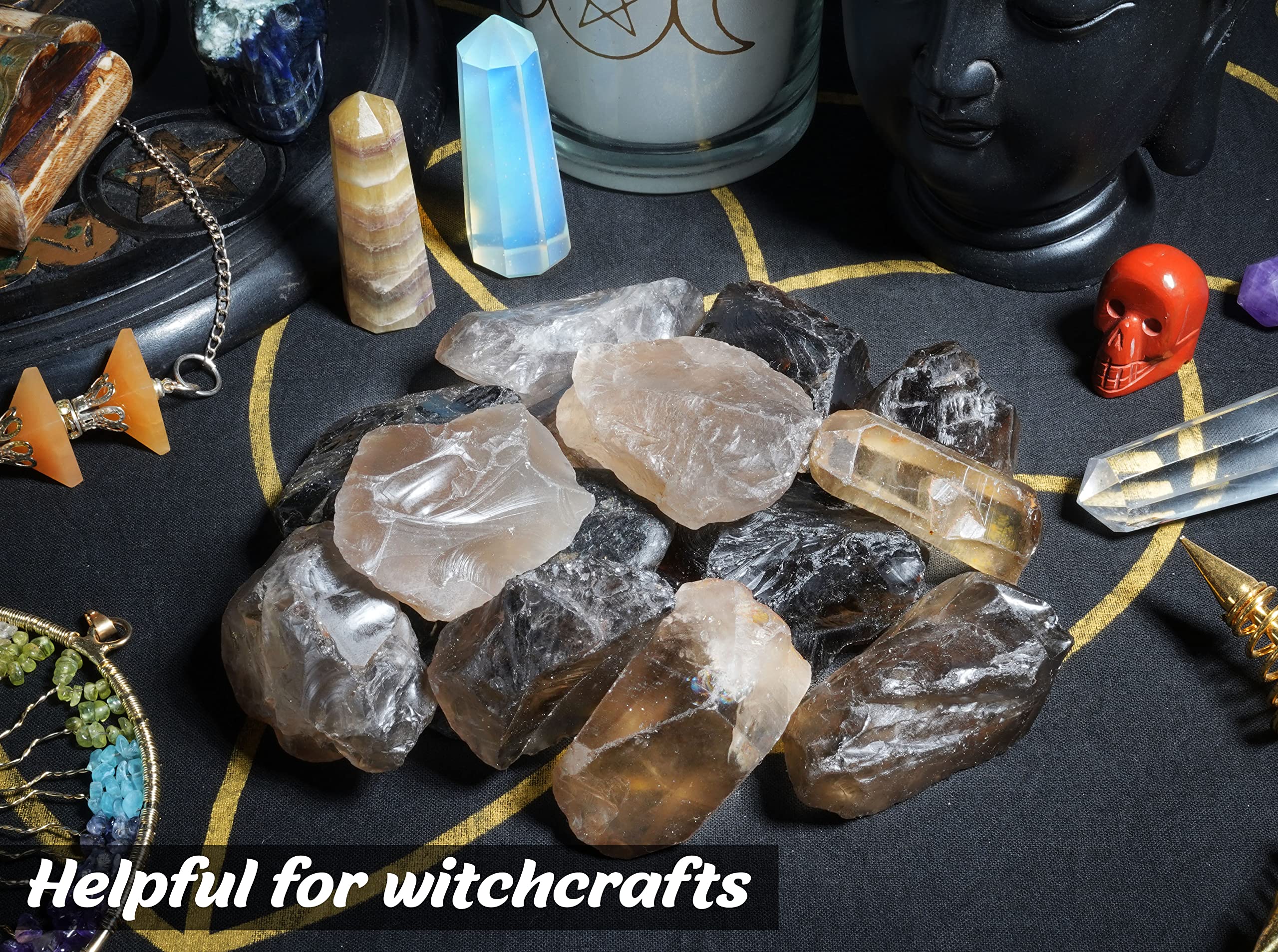 Crocon smoky quartz rough stones arranged for altar decor and meditation