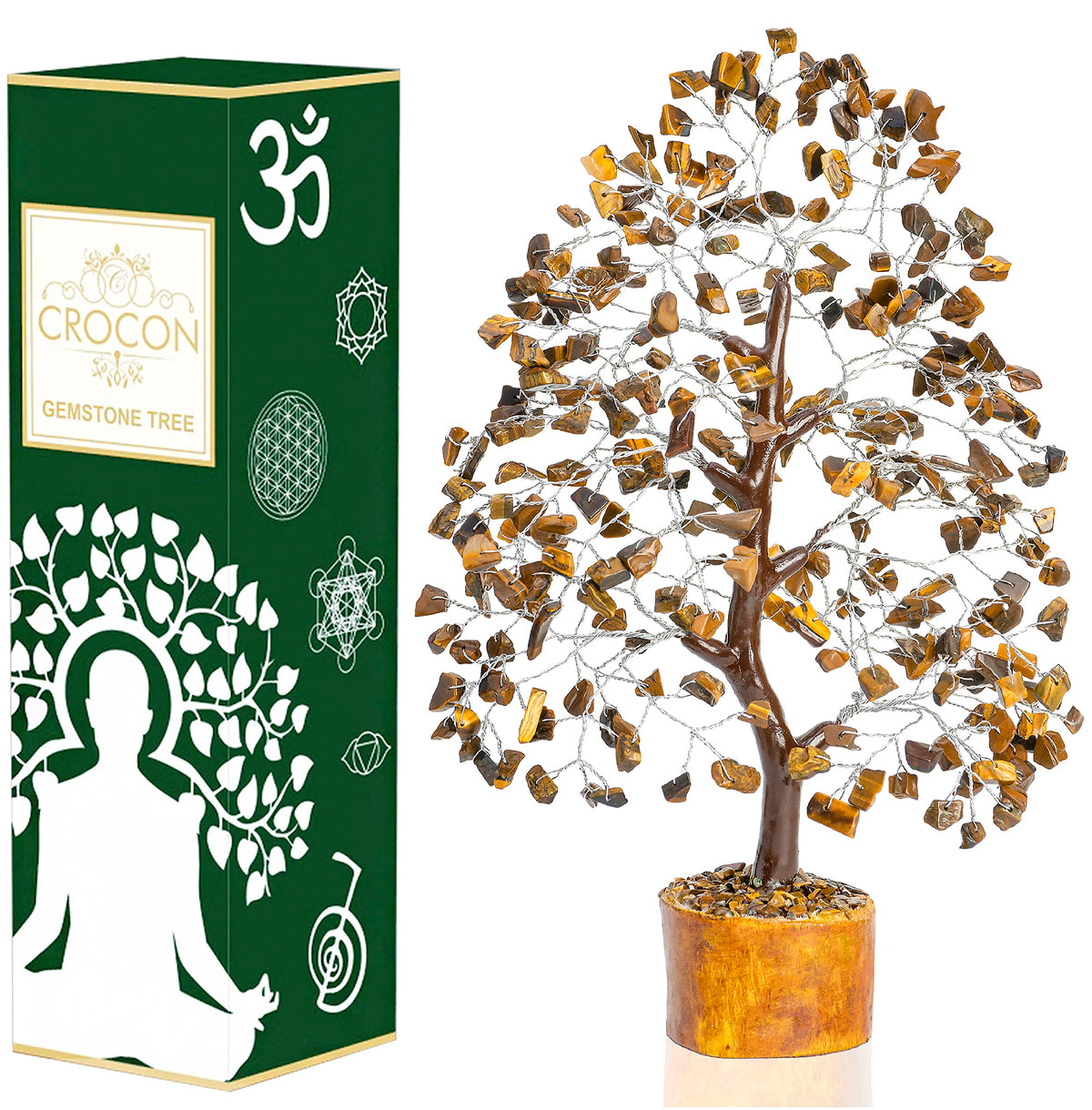Crocon Tiger Eye Crystal Tree of Life bonsai with warm stones for positive energy