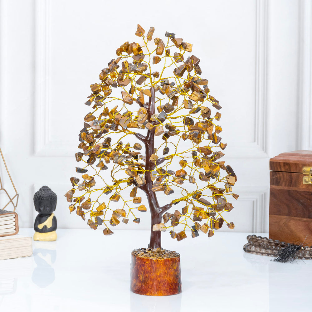 Crocon Tiger Eye Tree with golden wire detailing for prosperity symbolism