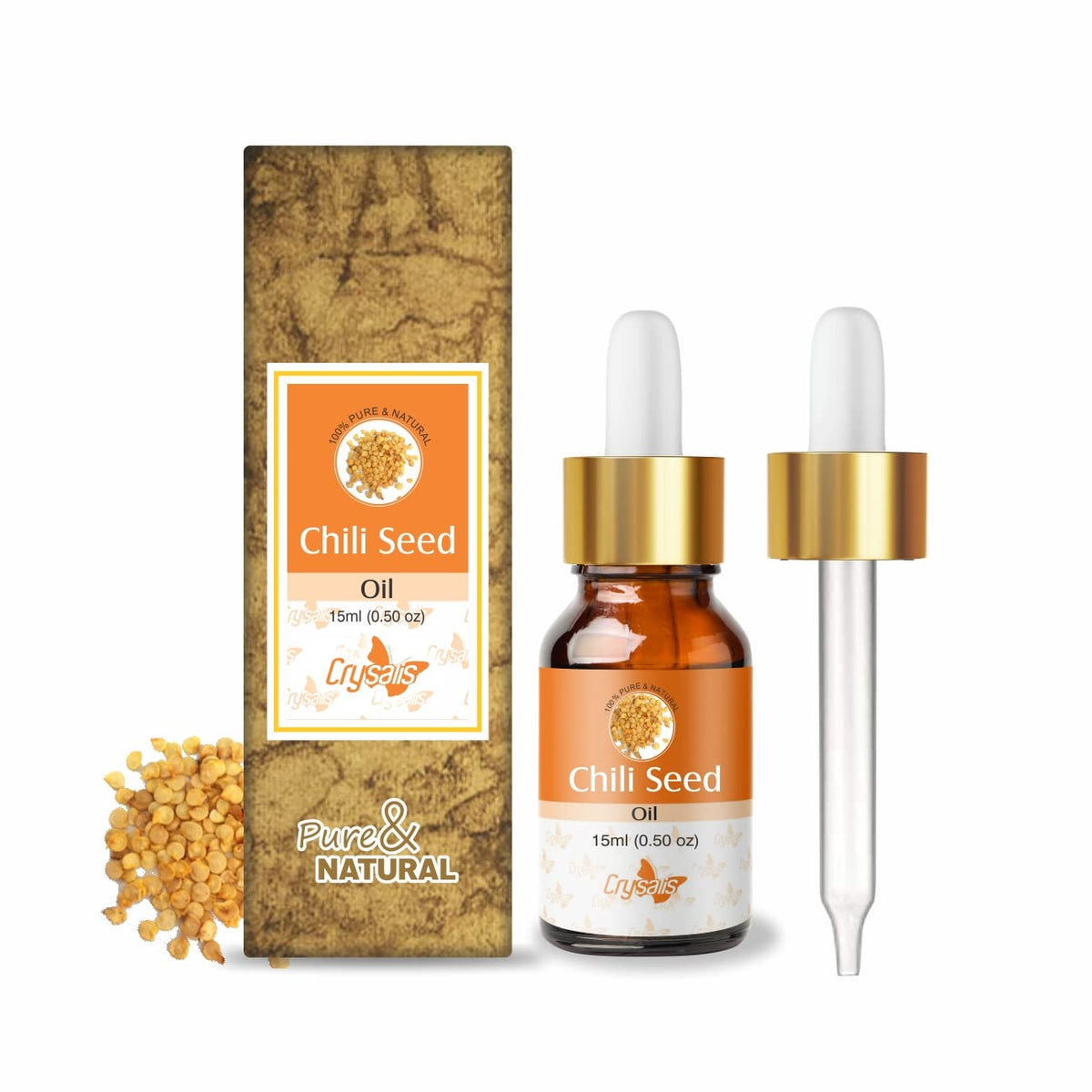 Crysalis Chili Seed Oil bottle close-up for hair care and massage