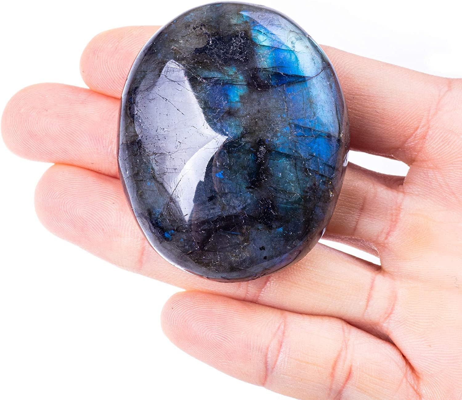 Crysmona large labradorite palm stone with iridescent flashes for meditation