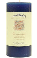 Crystal Journey Good Health Candle label featuring essential oil blend and affirmation.
