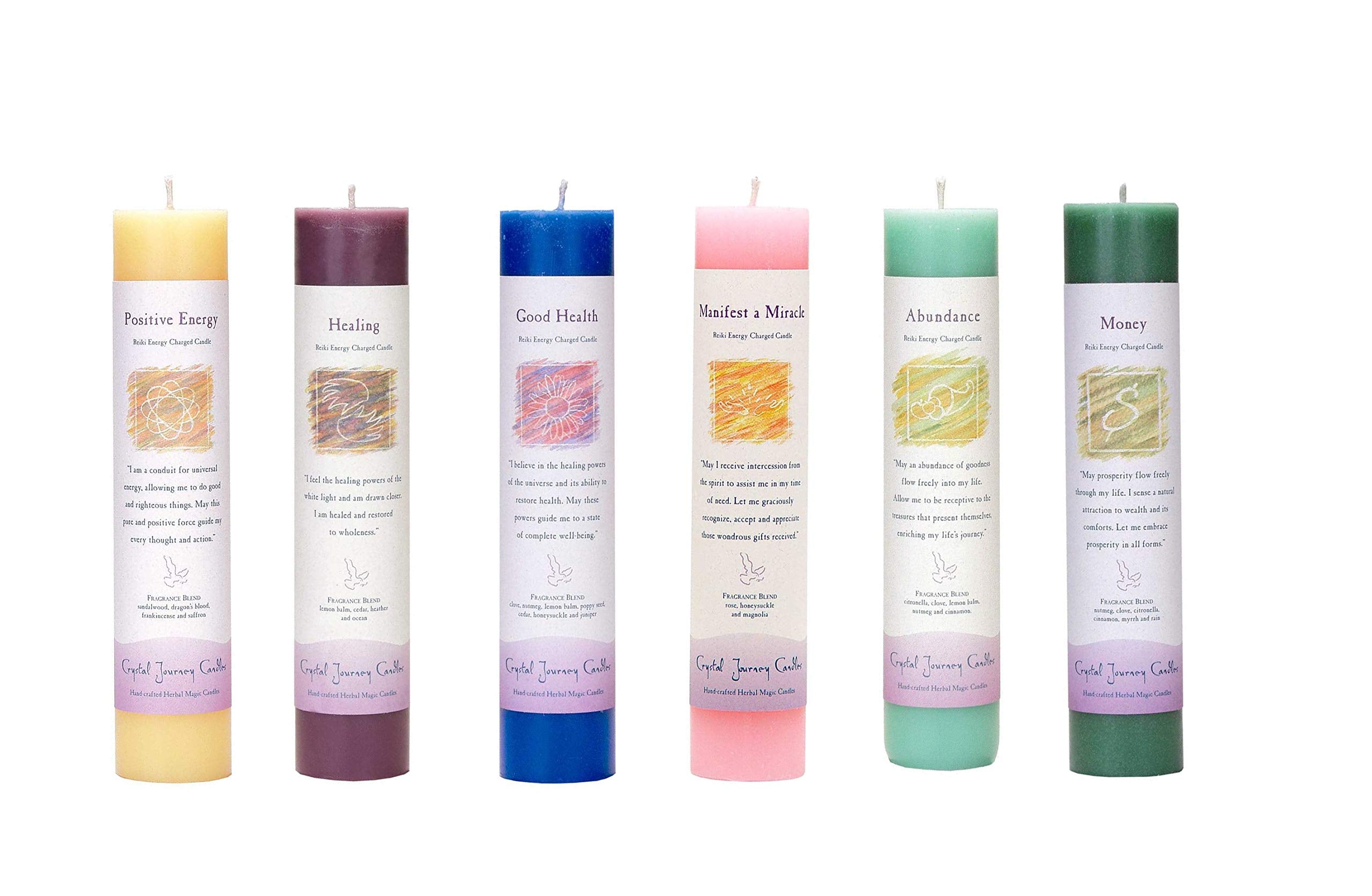 Crystal Journey six-pack pillar candles for meditation and positive energy rituals.