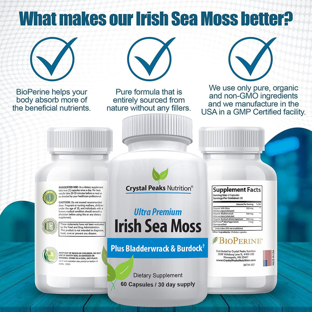 Organic Irish sea moss label highlighting mineral-rich natural blend