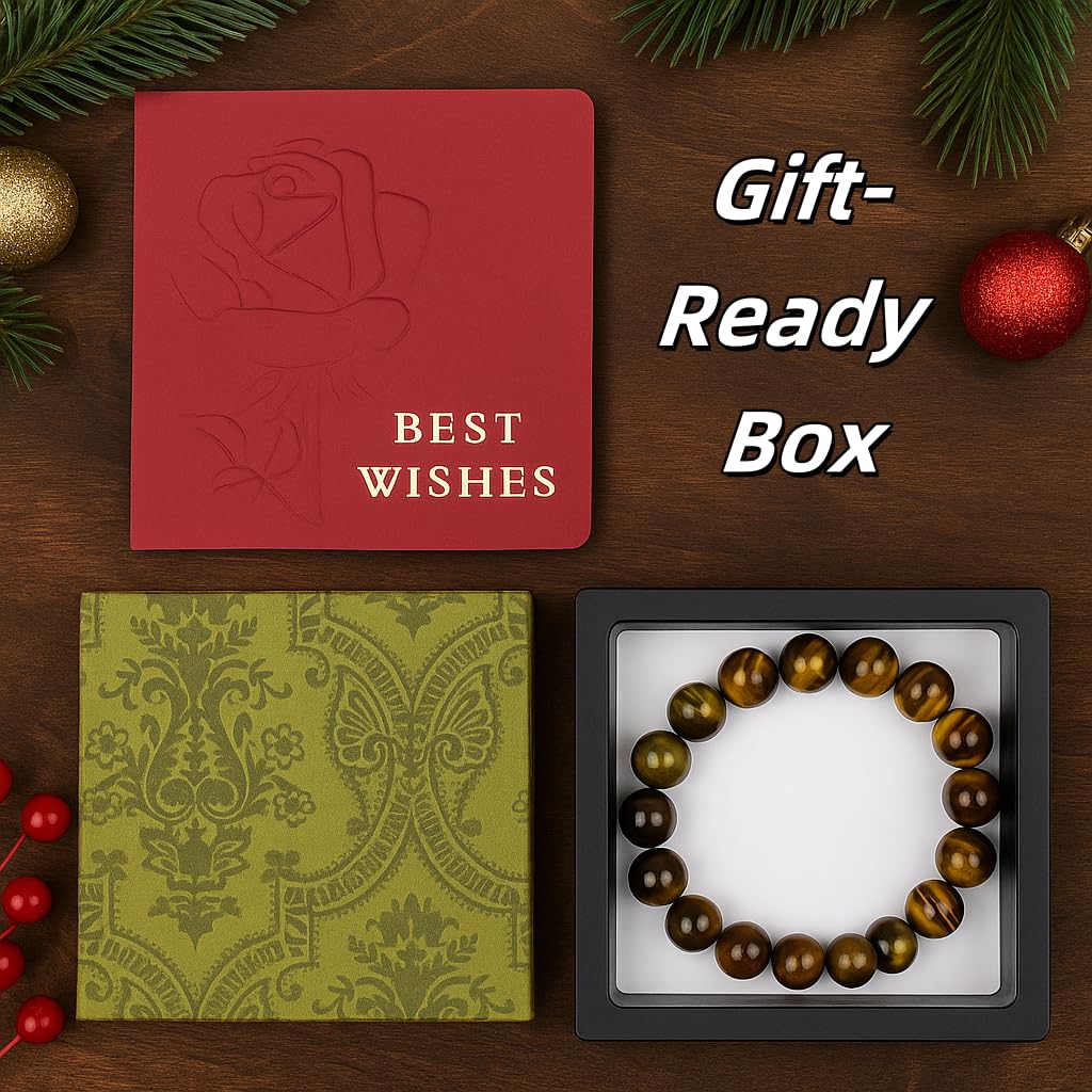 Unboxing view of CrystalHouzz tiger eye bracelet with gift-ready packaging