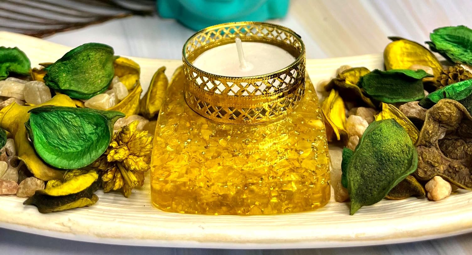 CRYSTALMIRACLE Citrine Orgonite tea light holder interior crystals visible for tranquil focus.