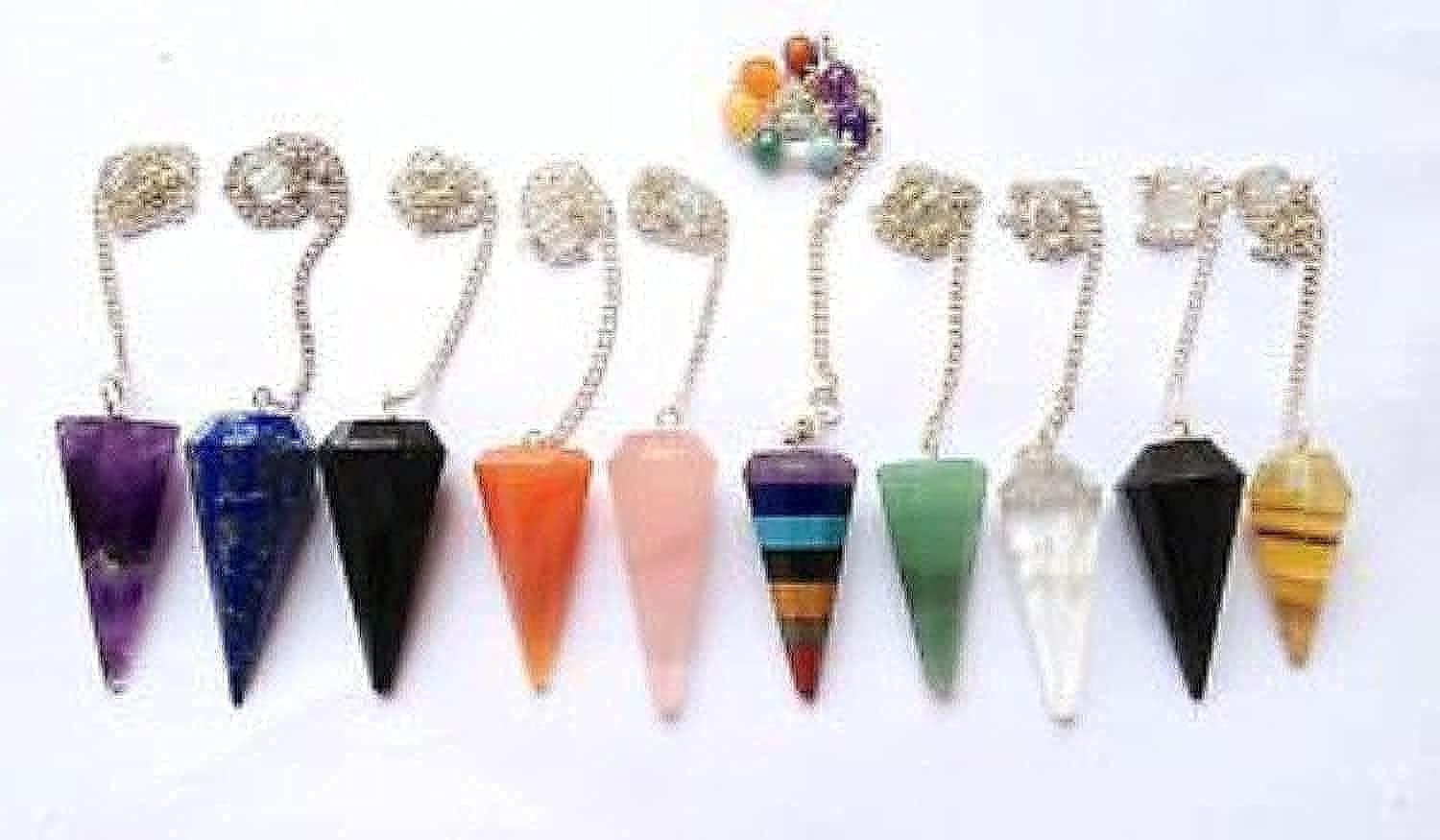 CRYSTALMIRACLE gemstone cone pendulums 7-piece set promotes chakra balance and intuitive practice.