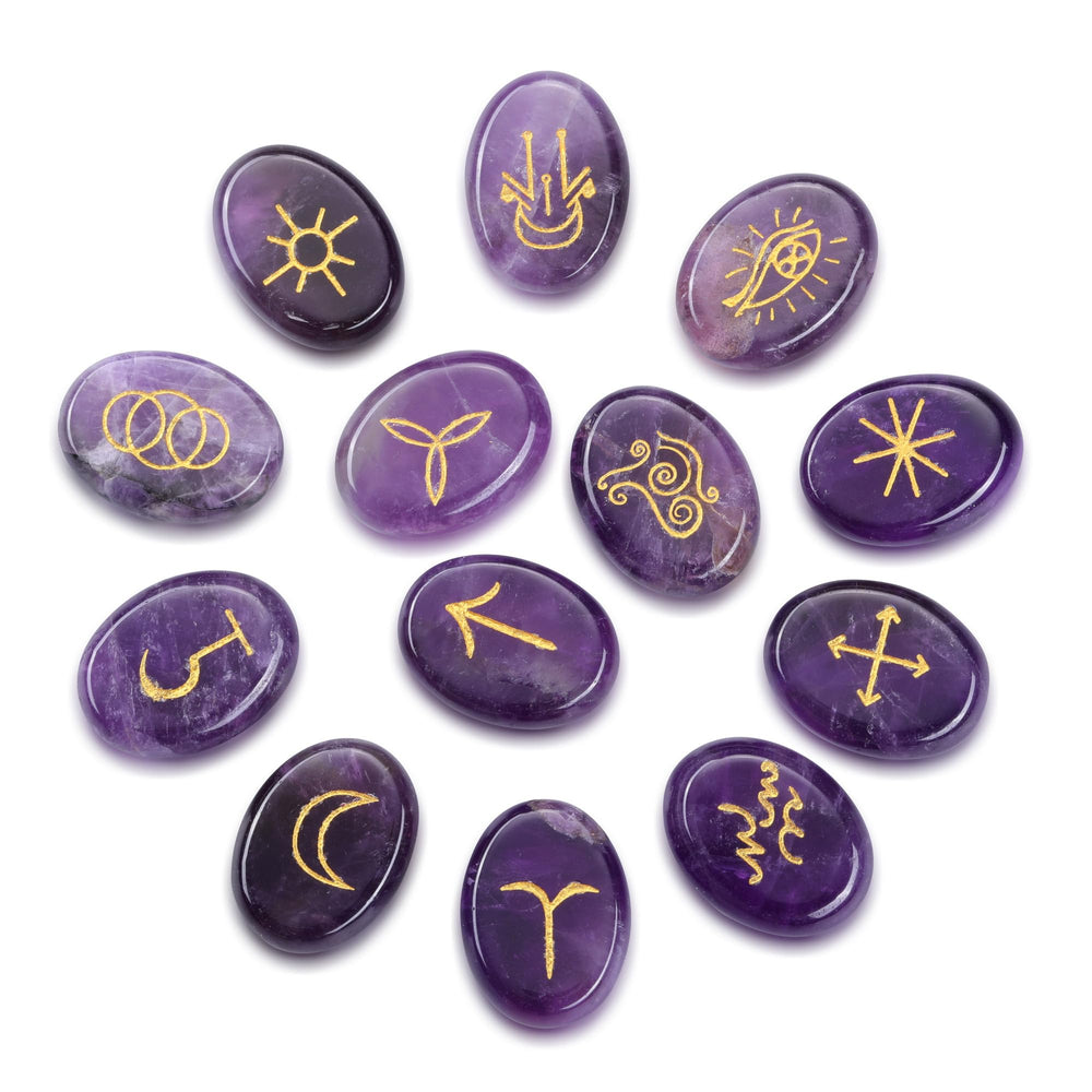 CrystalTears Amethyst Rune Stones set, front view for meditation, divination, and focus.