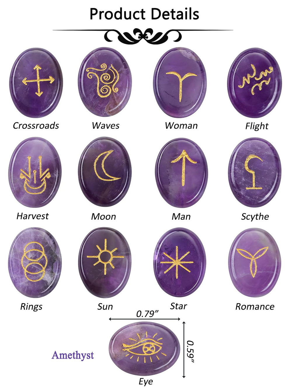 CrystalTears Gemstone collection display of amethyst, rose quartz, obsidian runes.