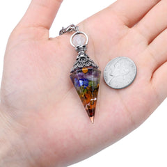 CrystalTears chain pendulum with chakra stones for spiritual alignment and positive energy flow.
