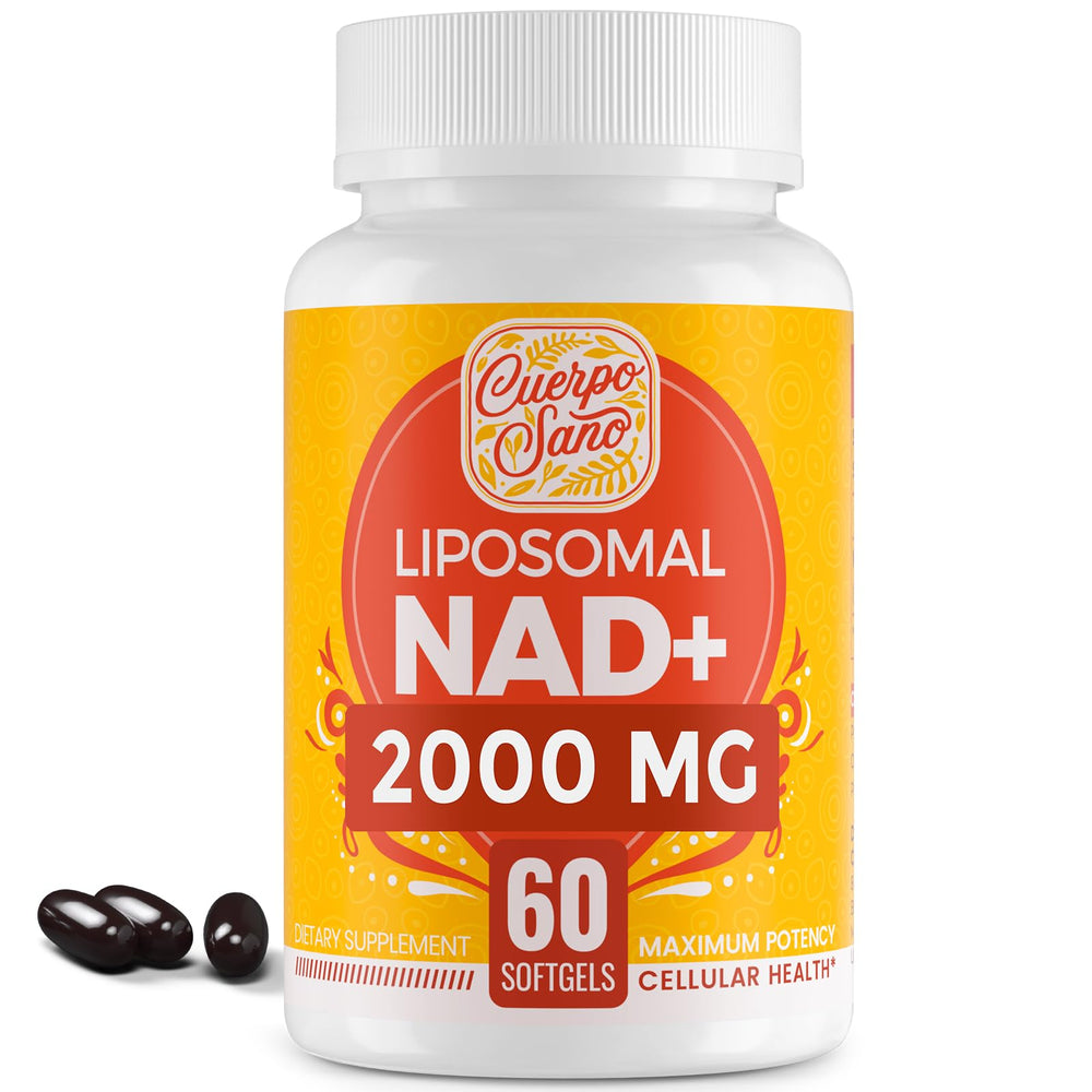 Cuerpo Sano NAD-2000mg bottle highlighting liposomal formula for daily vitality.