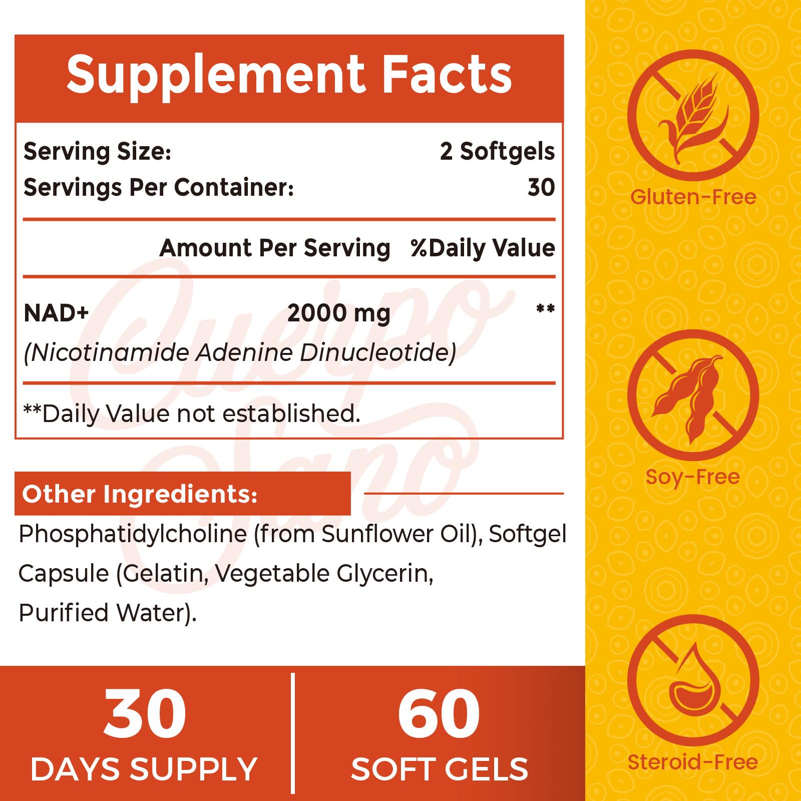 Cuerpo Sano NAD-2000mg capsules closeup shows easy-to-swallow softgels for daily use.