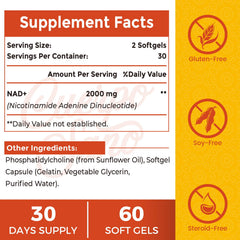 Cuerpo Sano NAD-2000mg capsules closeup shows easy-to-swallow softgels for daily use.