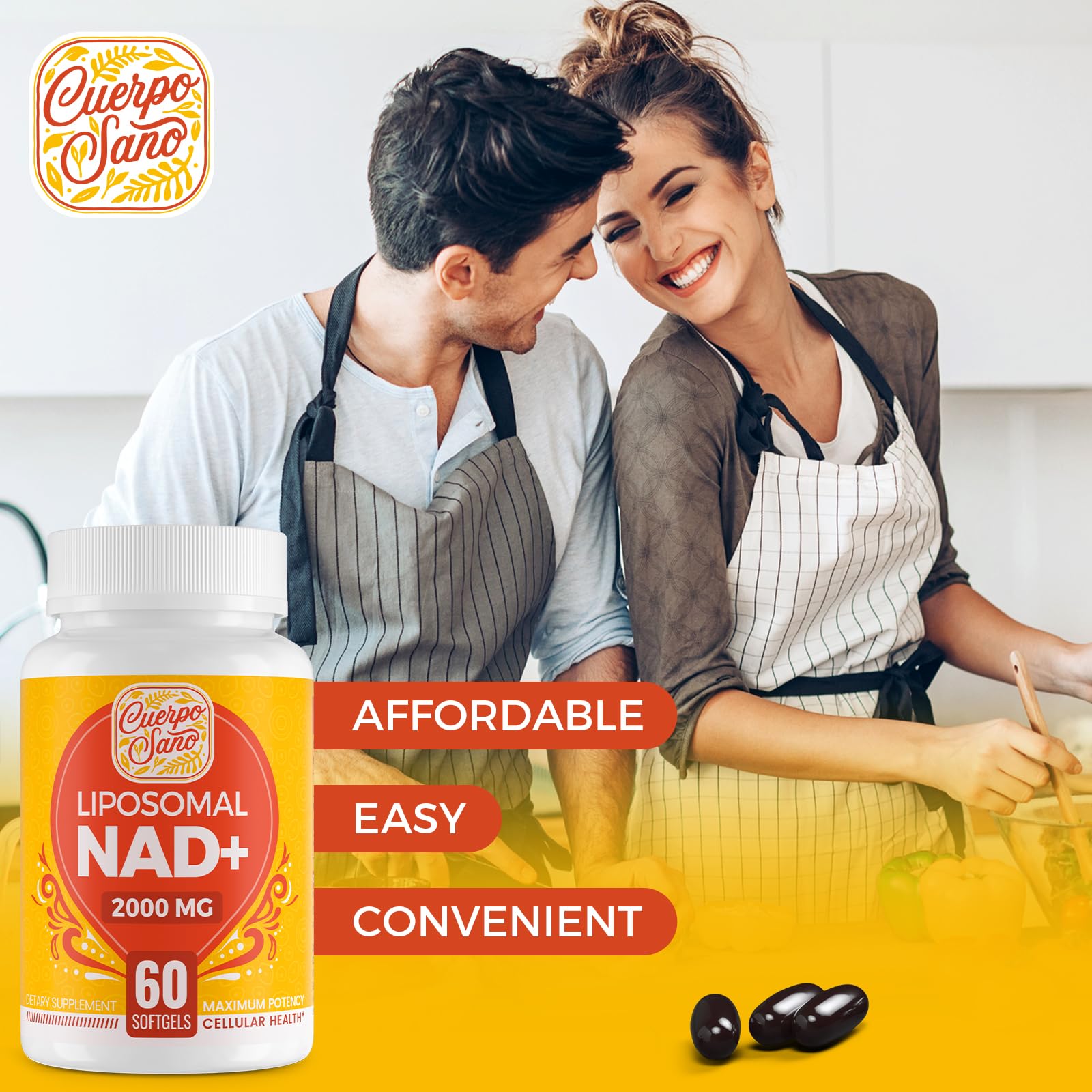 Cuerpo Sano NAD-2000mg packaging front highlighting aging defense and vitality.
