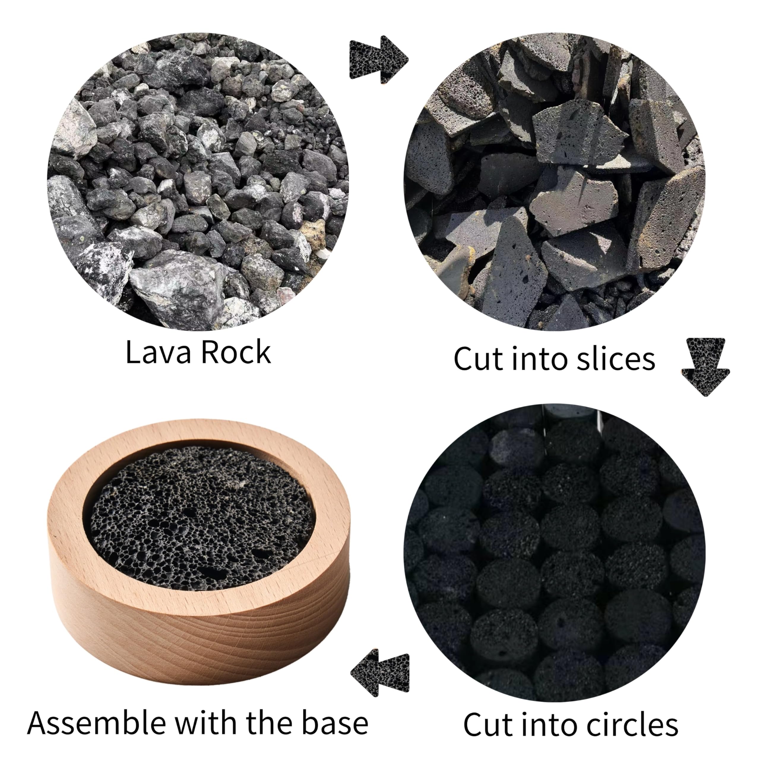 Close-up of lava rock and wooden base highlighting natural materials.