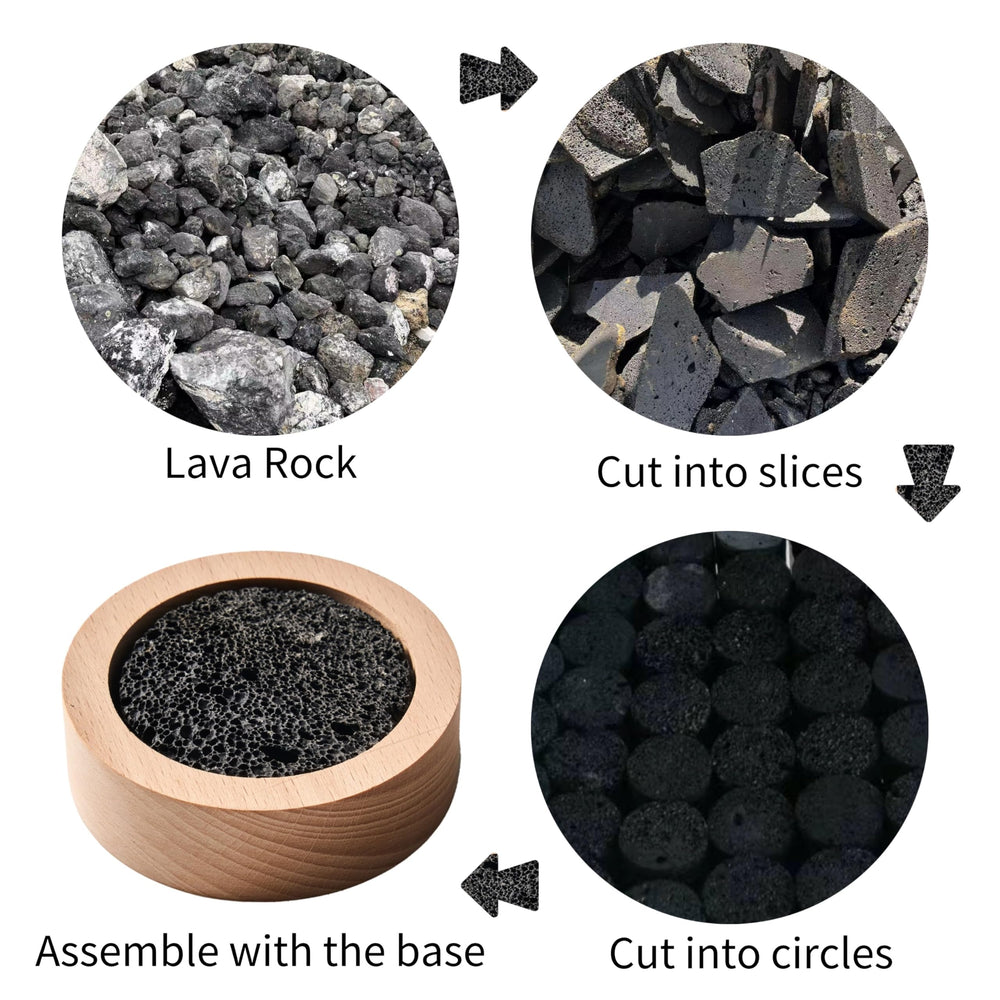 Close-up of lava rock and wooden base highlighting natural materials.