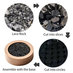 Close-up of lava rock and wooden base highlighting natural materials.
