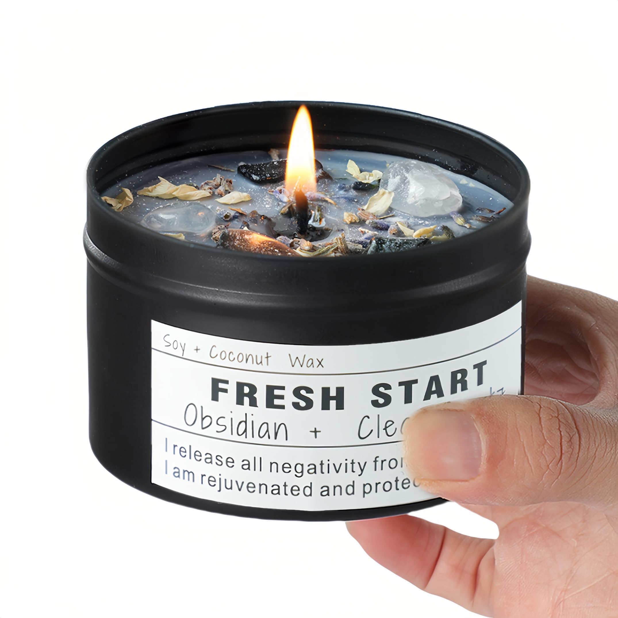 CULACEE Crystal Candles Fresh Start jar with crystals for mindful rituals.