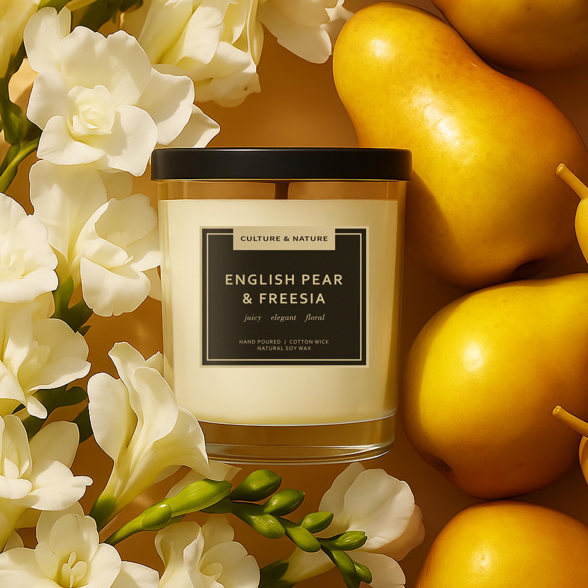 Culture & Nature pear-freesia candle in premium glass complements modern decor.