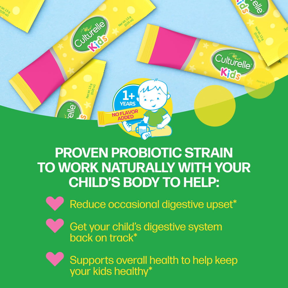 Culturelle Kids packets mix into yogurt or applesauce for a flavorless boost.