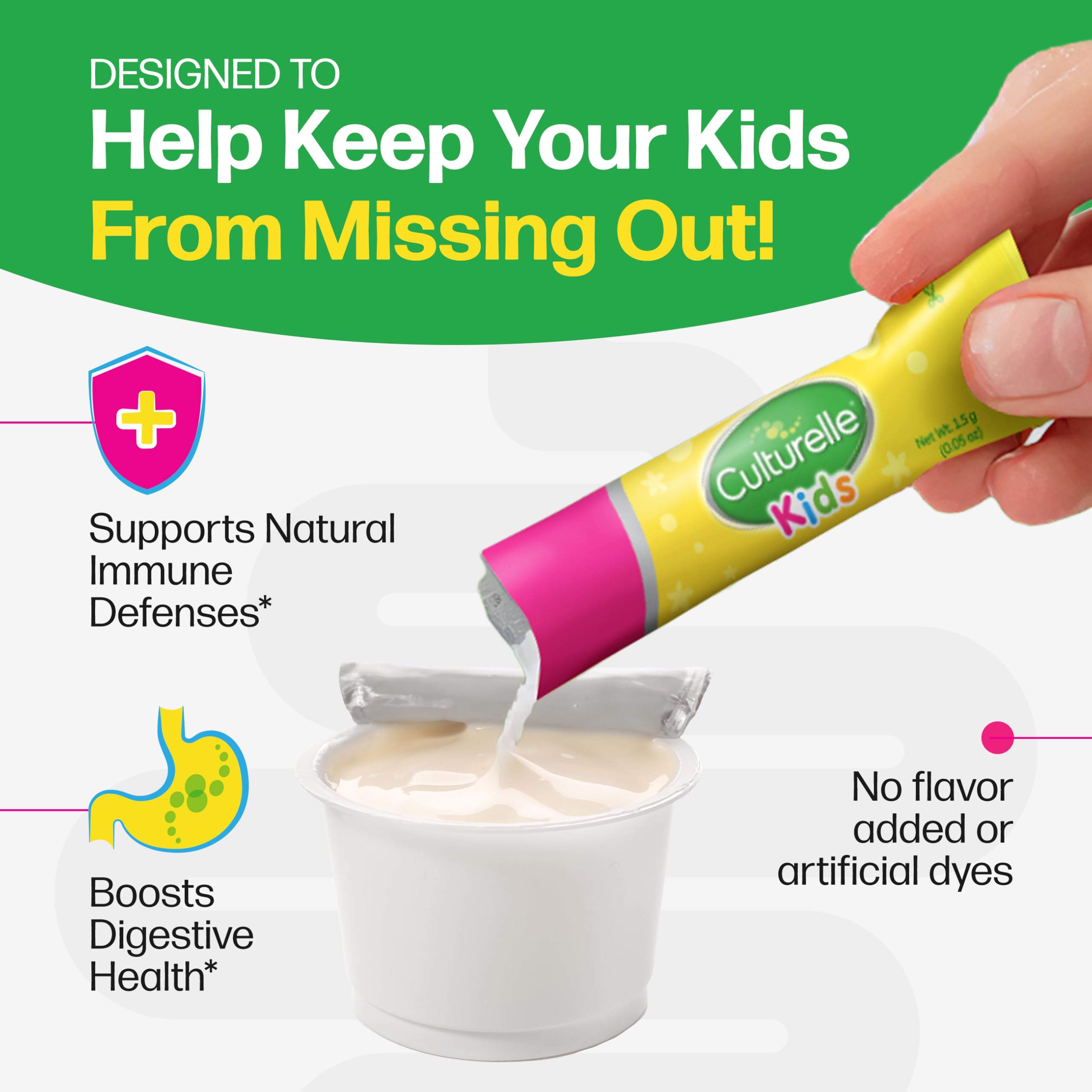 Culturelle Kids packets are safe and easy to take for ages 3 and up.
