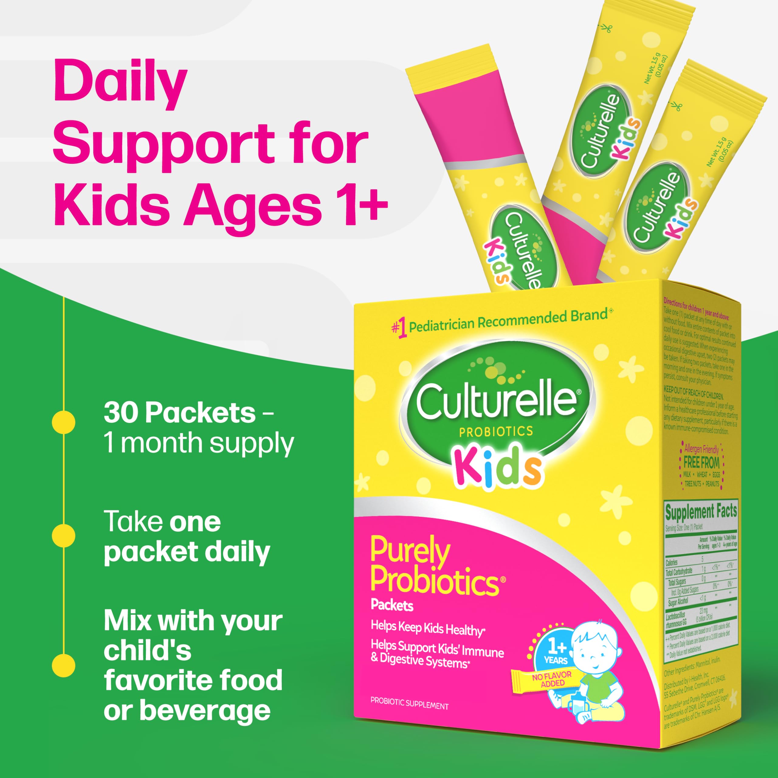 Culturelle Kids Daily Probiotic Packets with 5B CFU for daily wellness.