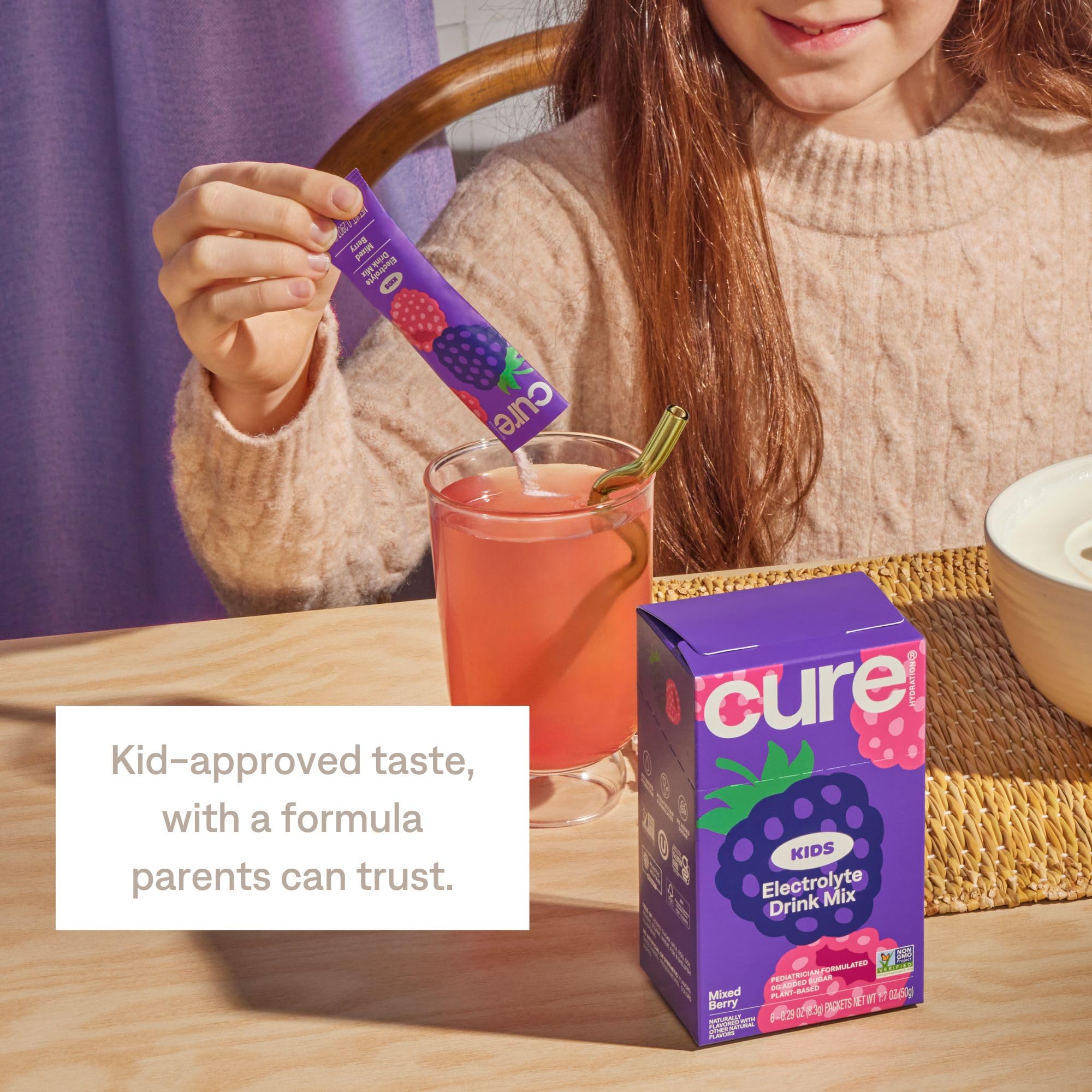 Cure Hydration glass with dissolving packet demonstrates easy mix.