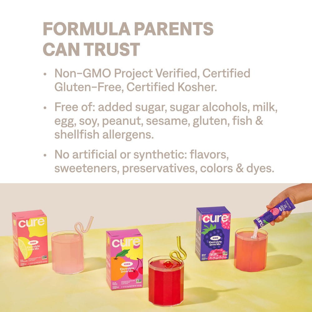 Cure Hydration front packaging highlights mixed berry flavor and ingredients.