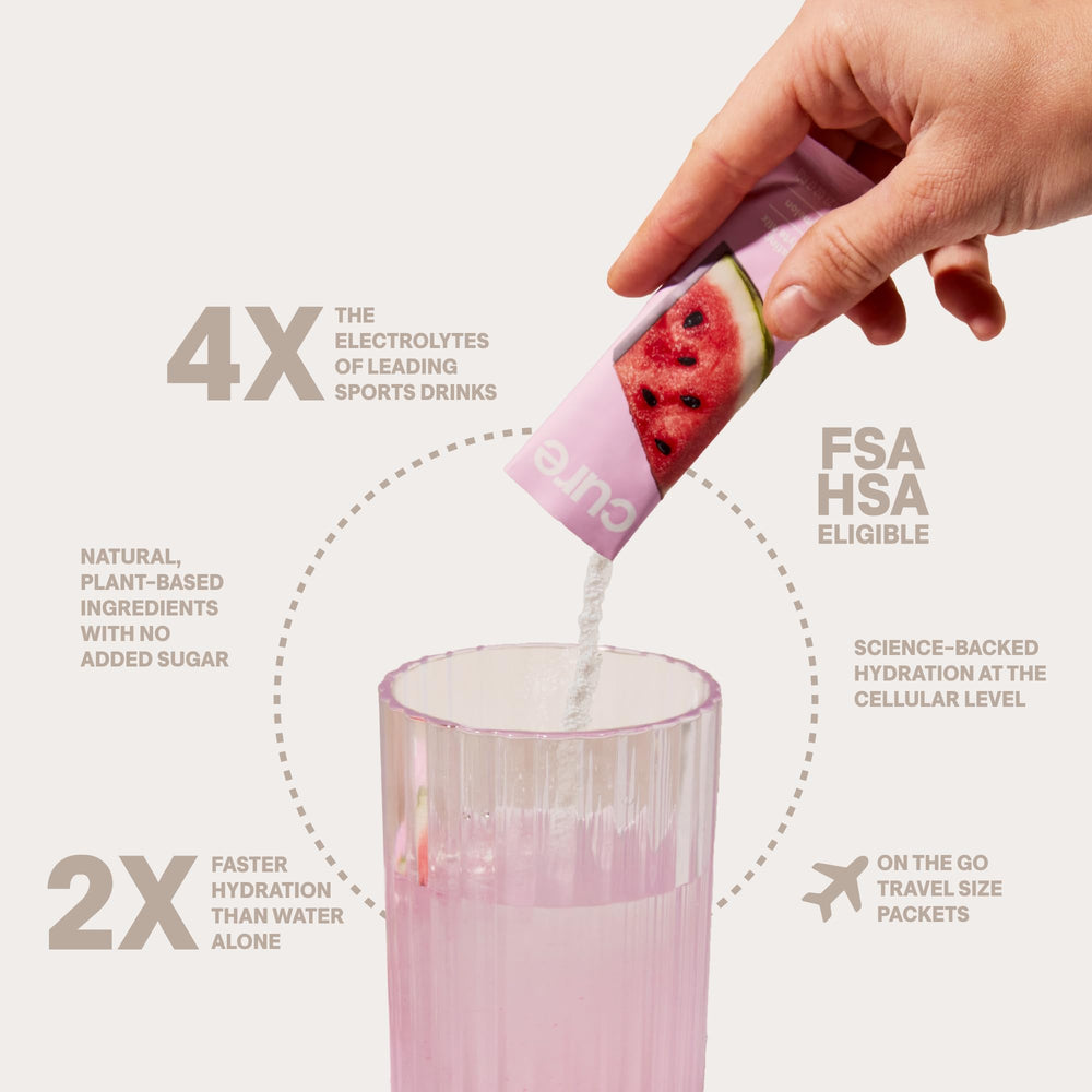 Cure Hydration grapefruit powder dissolving in water for rapid hydration.