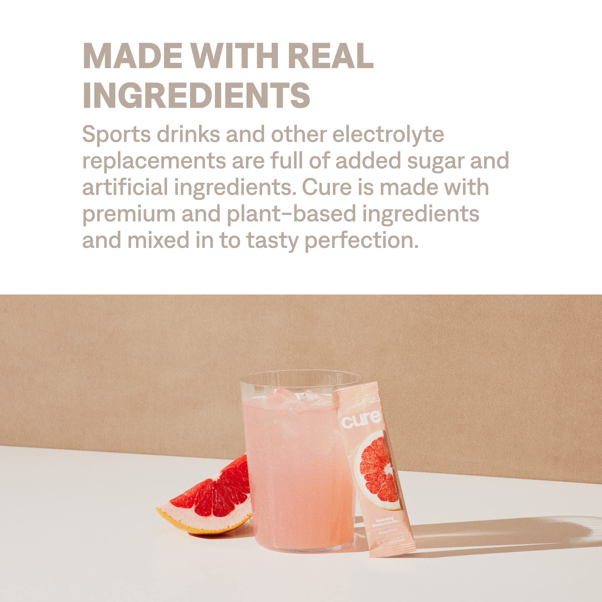 Cure Hydration grapefruit stir-in image suggests quick, pleasant taste with water.