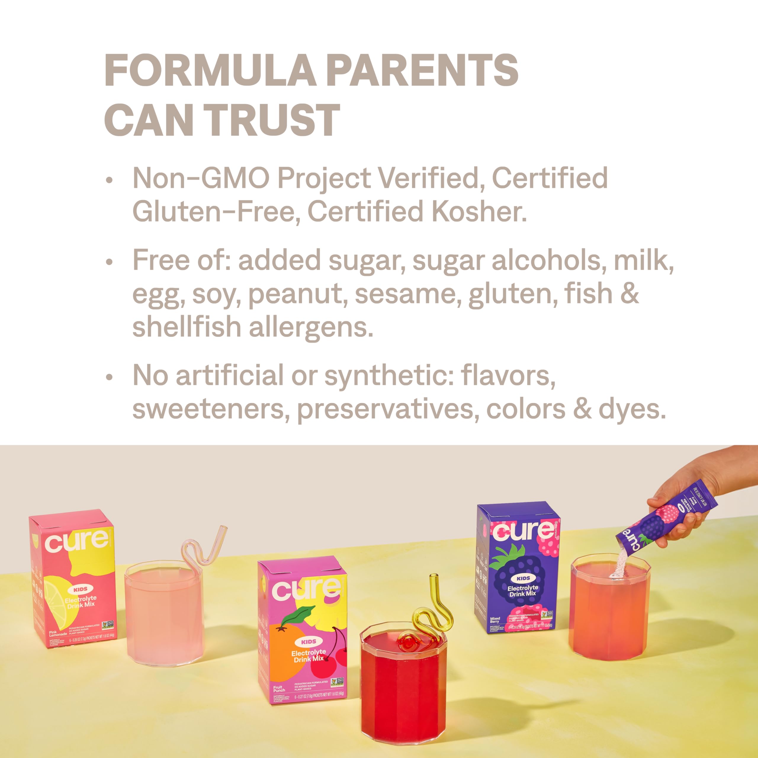 Cure Hydration flavors variety, colorful cups ready for school.