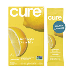 Cure Hydration Lemonade packet ready to mix for quick hydration.