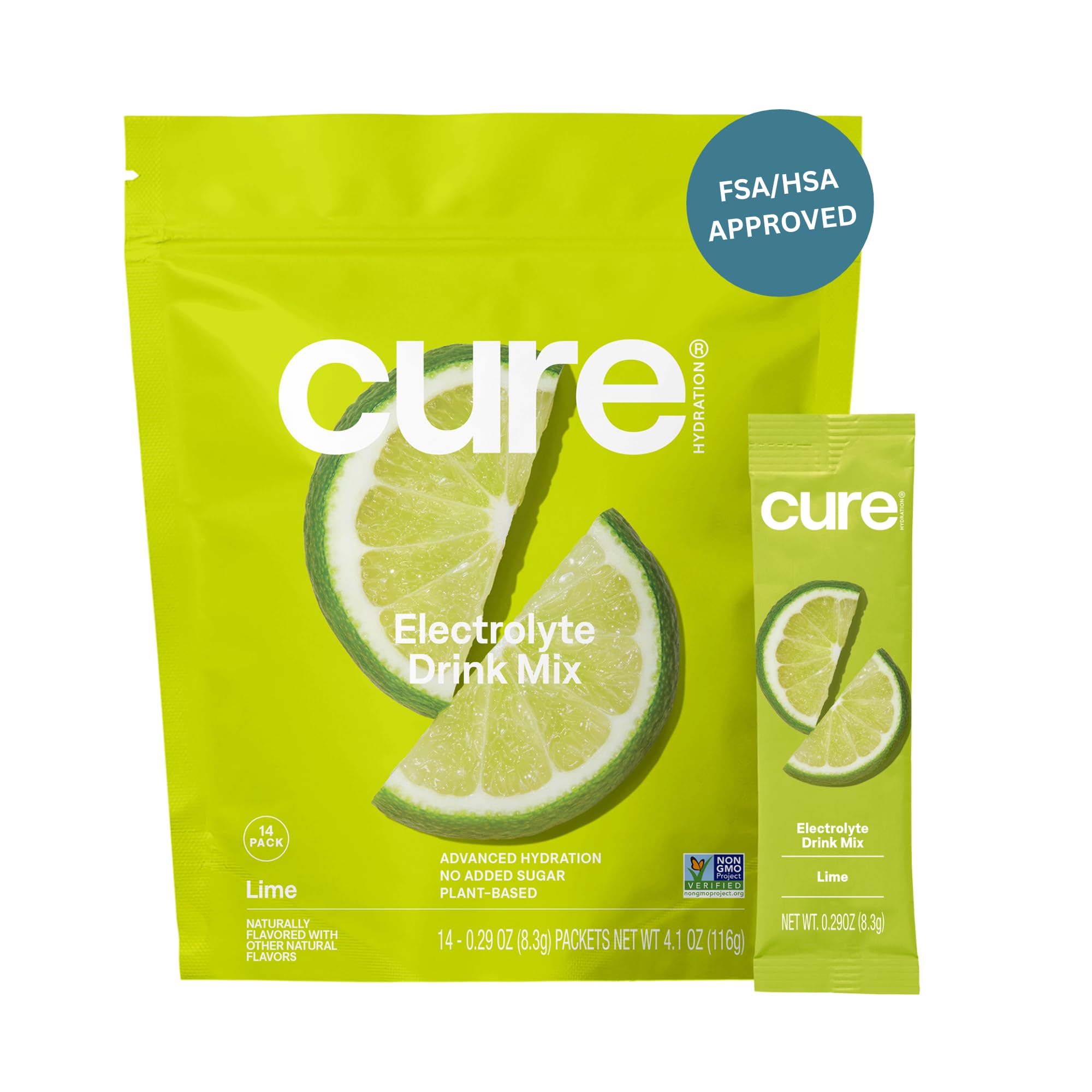 Cure Hydration lime packet closeup for quick on-the-go hydration.