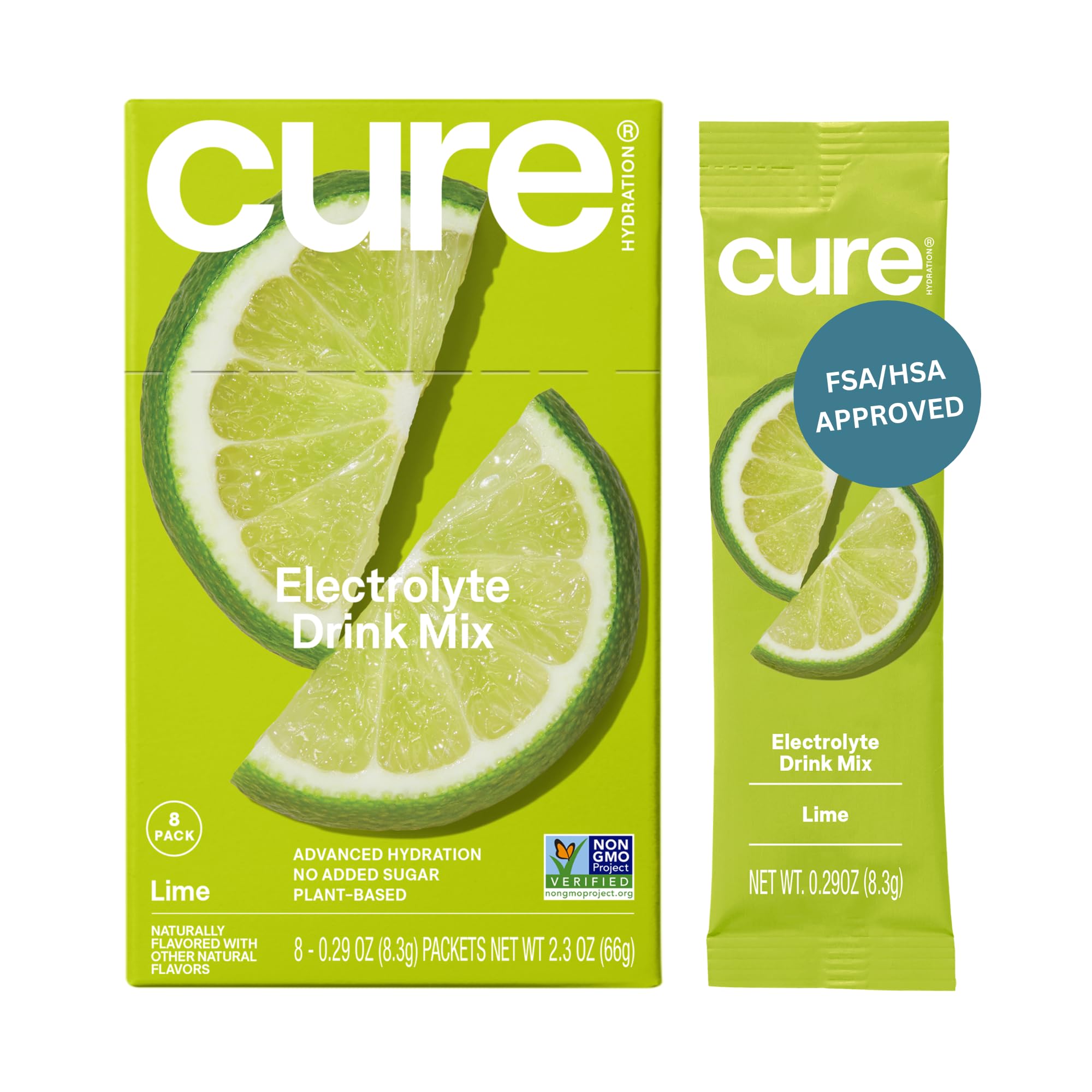 Cure Hydration lime packet closeup, plant-based electrolytes for quick rehydration.
