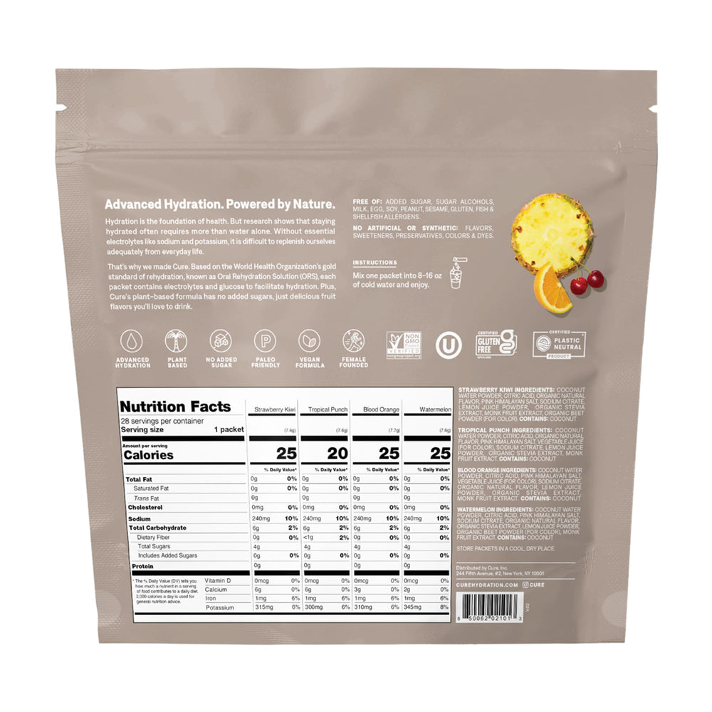 Cure Hydration packet being poured into a glass for quick hydration.