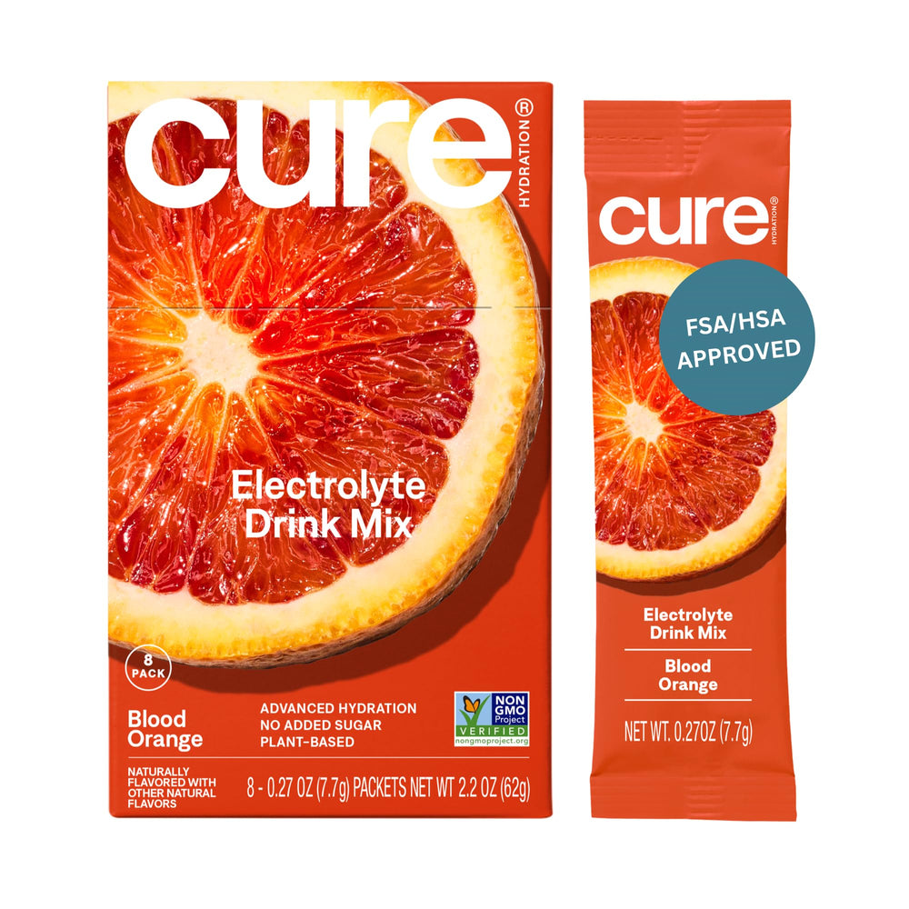 Cure Hydration sobres naranjas sanguinas para rehidratar con sabor natural.