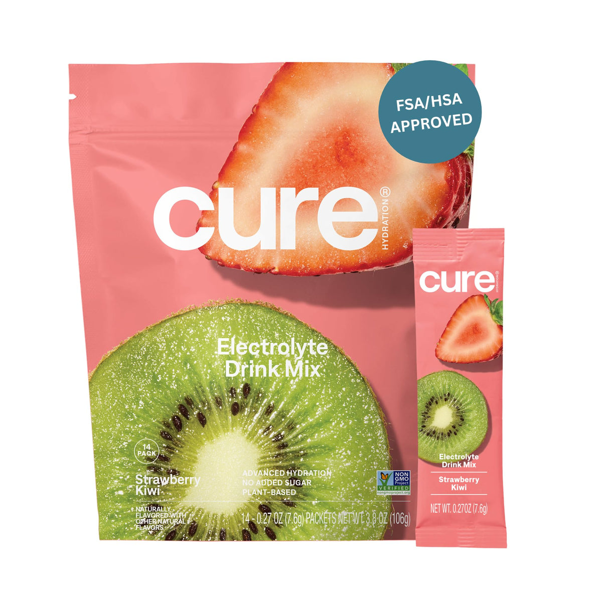 Cure Hydration strawberry kiwi packet — convenient plant-based electrolytes for on-the-go hydration.